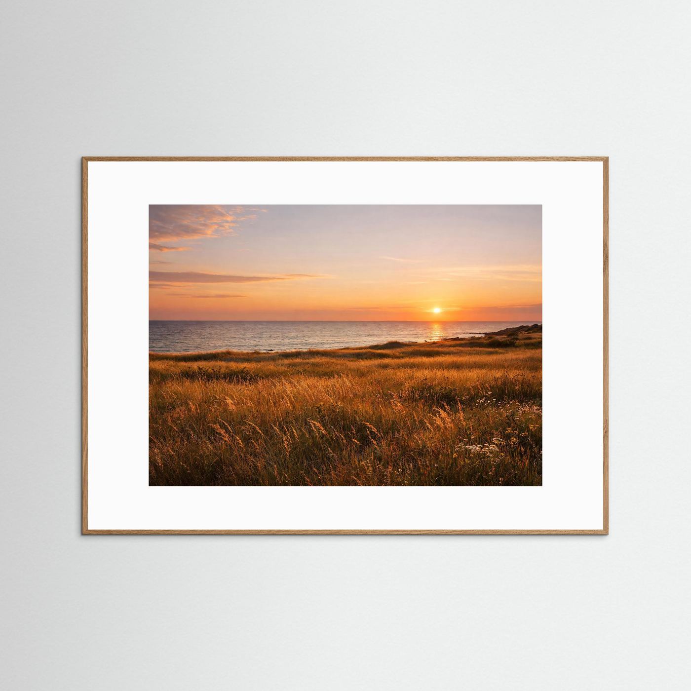 Goldener Sonnenuntergang an der Küste | Panorama Meer & Wiese Poster Querformat