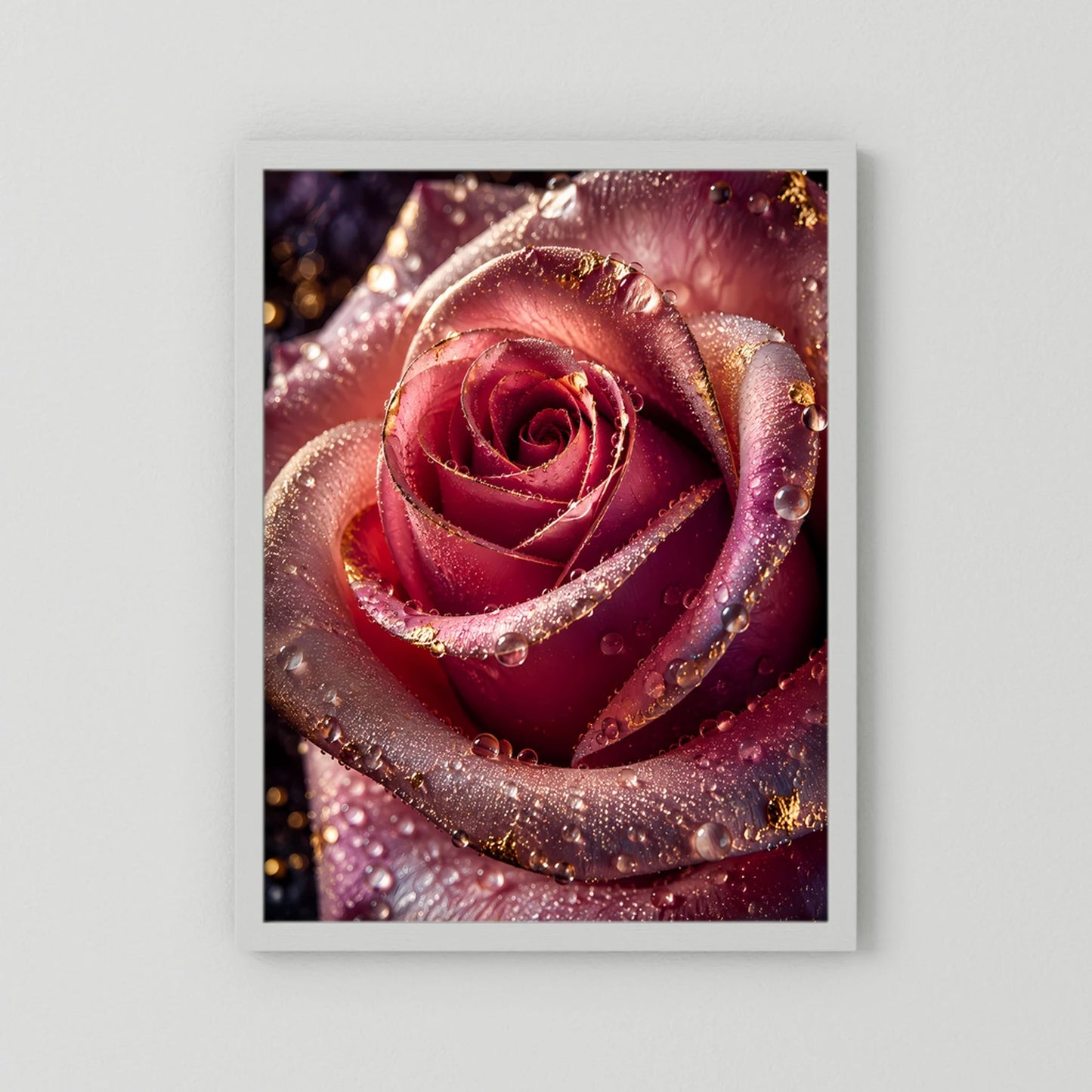 Hochformat-Poster mit roter Rose, Goldakzenten und Wassertropfen im weißen Rahmen