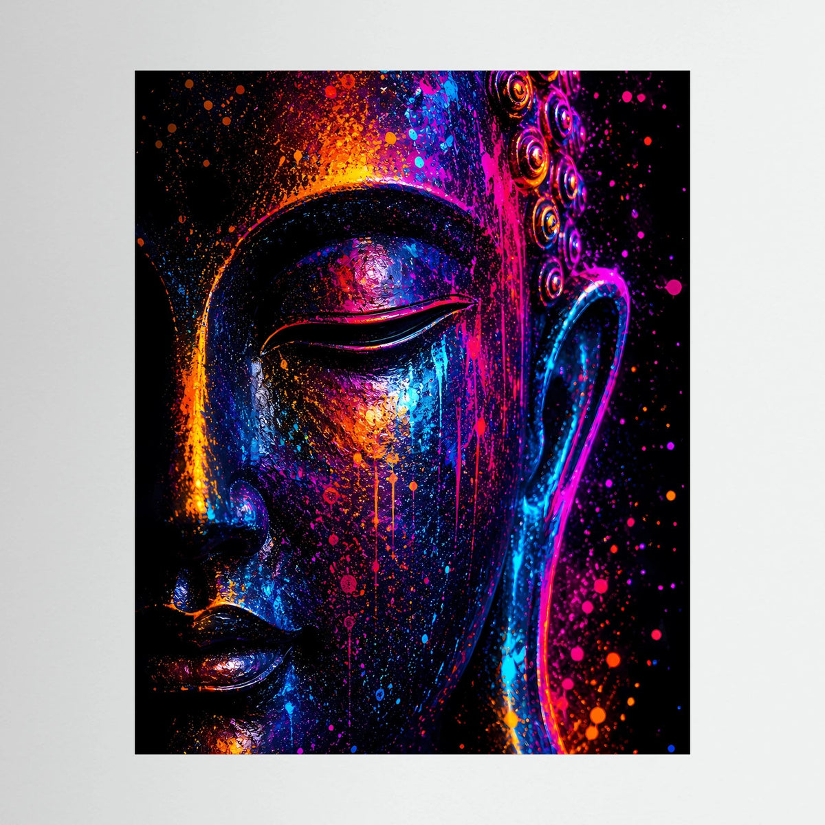 Kunstposter mit abstraktem Buddha-Gesicht in Neonfarben (Pink, Blau, Orange), schwarz gerahmt