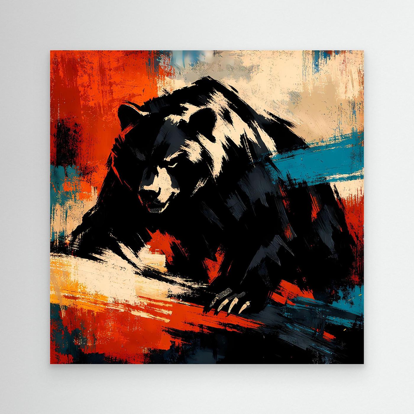 Leinwand-Wandbild mit Grizzlybär, abstrakter Farbgestaltung in Rot, Blau und Schwarz