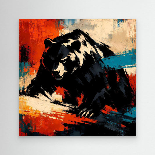 Leinwand-Wandbild mit Grizzlybär, abstrakter Farbgestaltung in Rot, Blau und Schwarz
