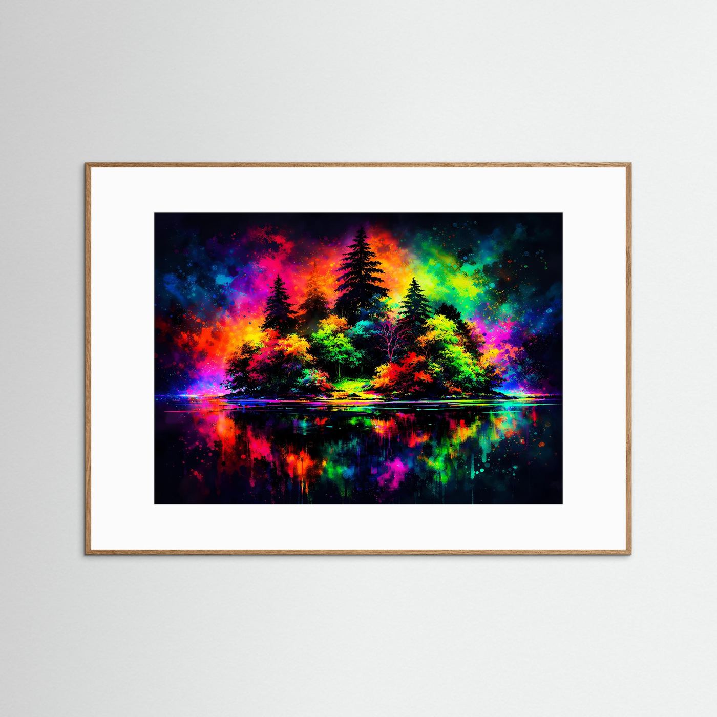 Neon-Naturposter mit Wald und Spiegelung, im hellbraunen Holzrahmen, Querformat