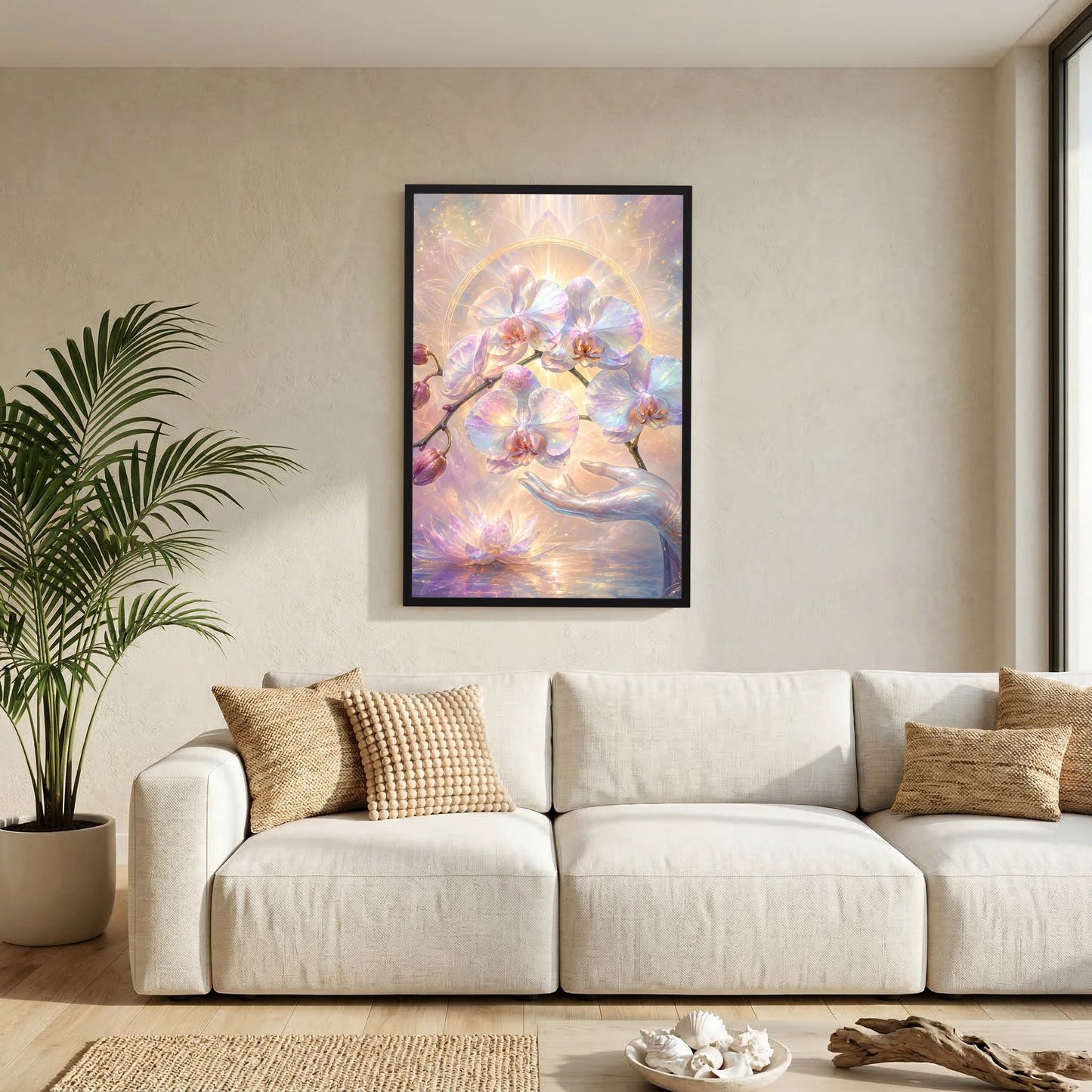 Hochformatiges Kunstposter mit Orchideen- und Lotusmotiv, Perlmutt-Pastell, schwarzer Rahmen