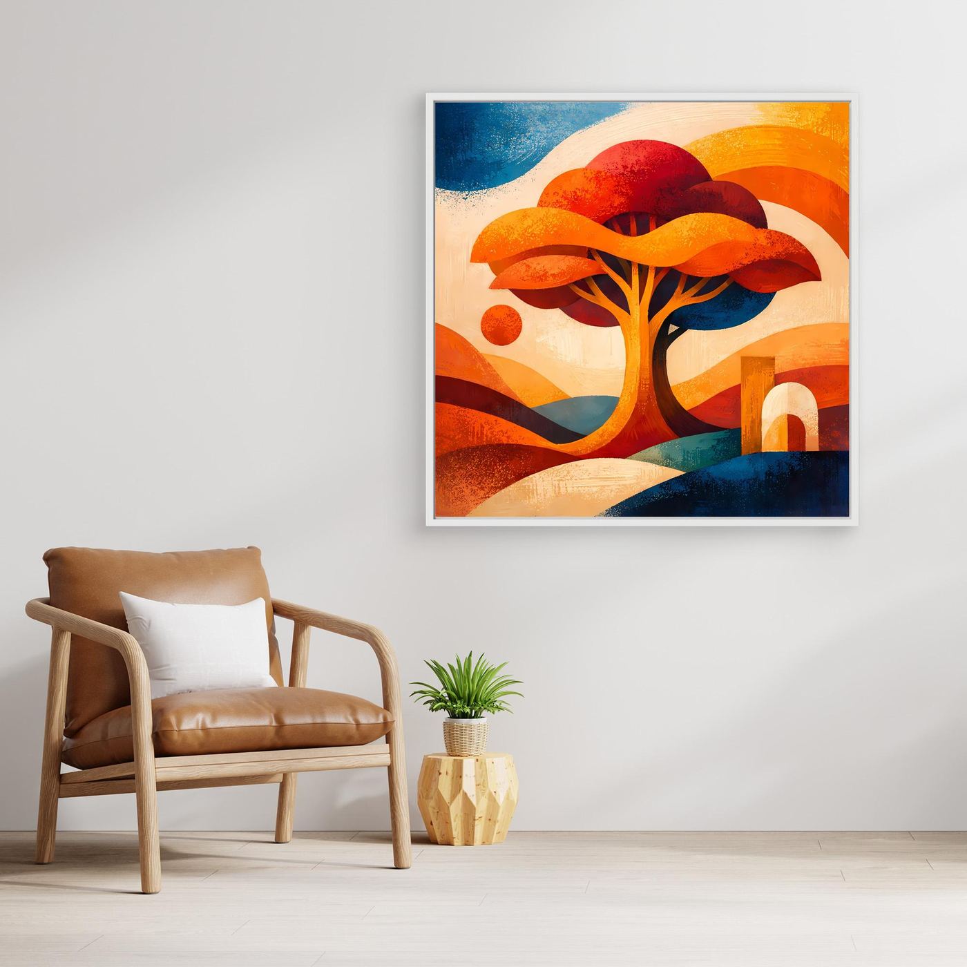 Gerahmtes Leinwandbild Lebensbaum-Abstrakt, orangefarbener Baum und dunkelblaue Schatten