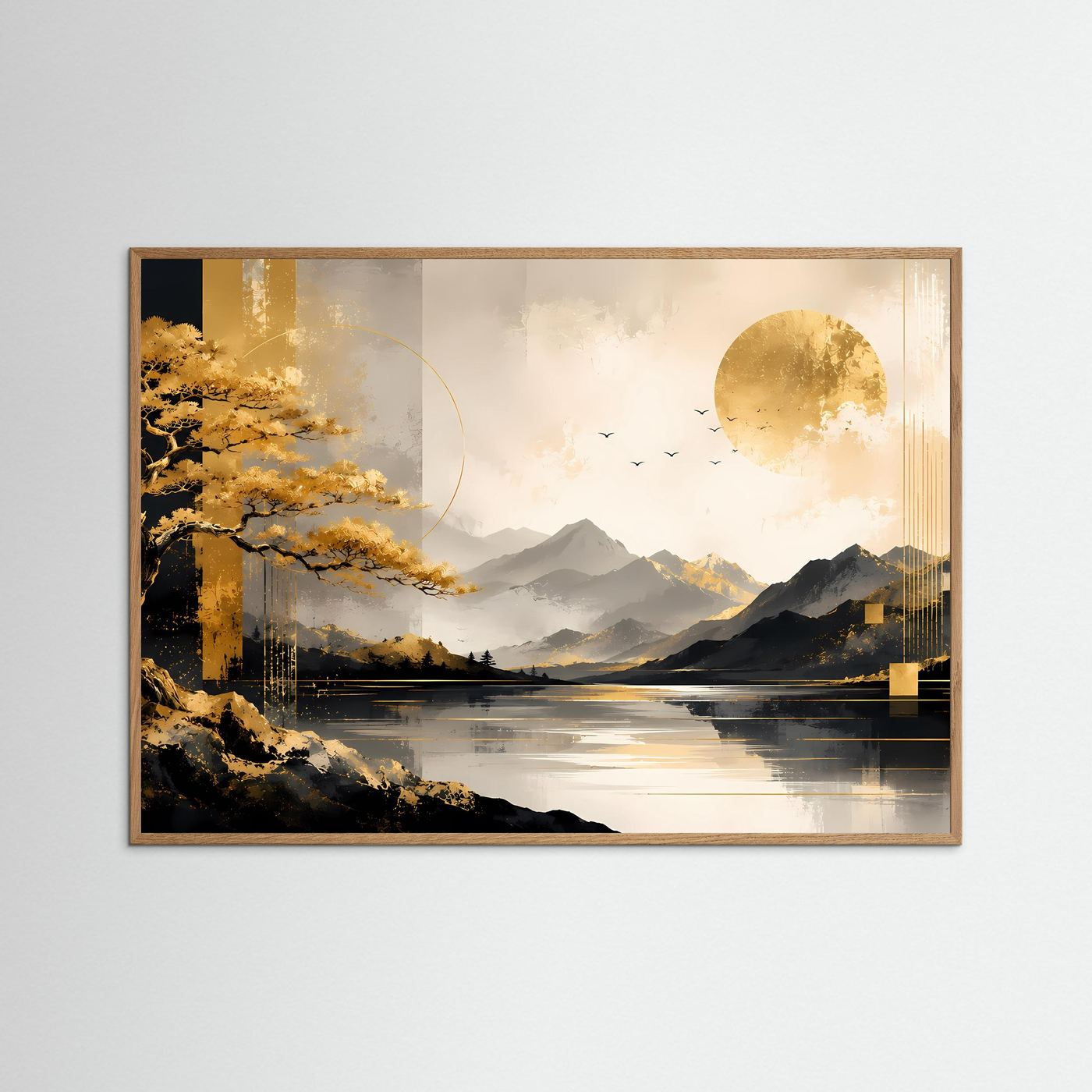 Goldener Bonsai am Bergsee | Elegante Landschaft mit Bergen, Sonne und Wasser | Moderne Naturkunst in Schwarz, Gold und Creme im Querformat