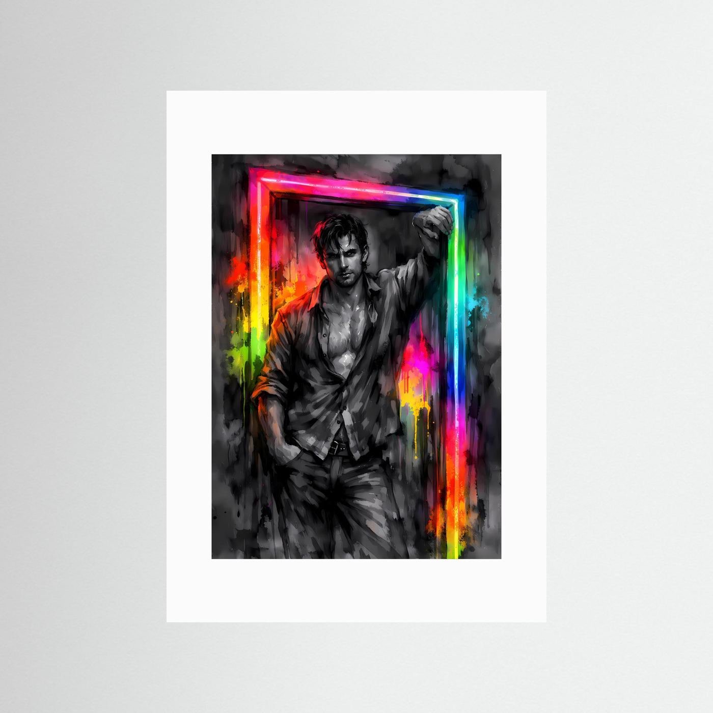 The Neon Doorway | Luxuriöses Mann Poster Bunt & Dunkel | Abstraktes Portrait Kunstposter Hochformat