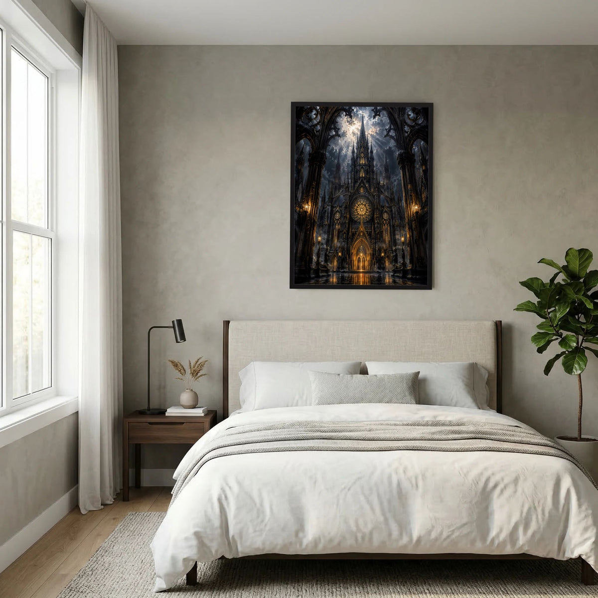 Hochformat-Poster mit gotischer Kathedrale in Schwarz und Gold, schwarzer Rahmen