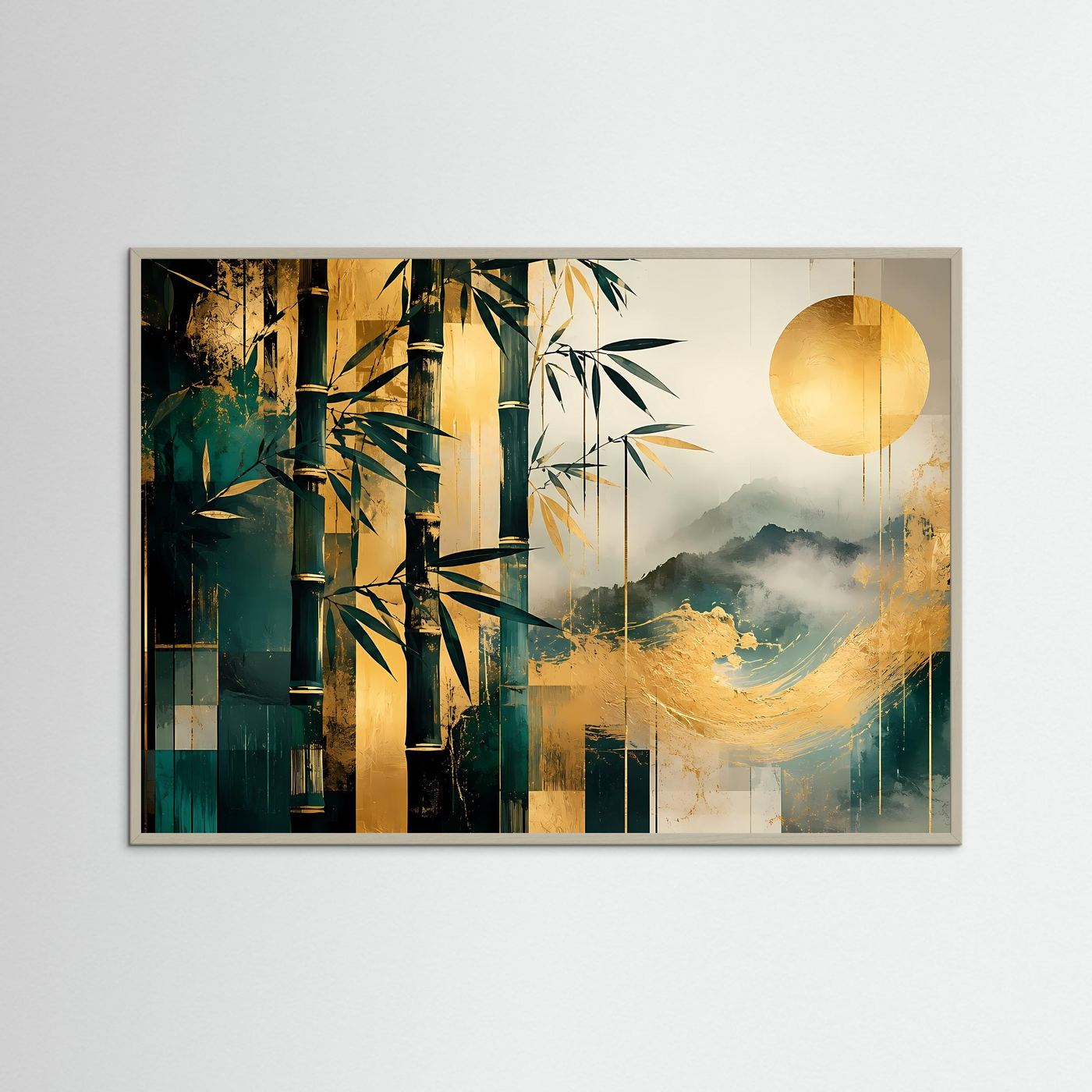 Bambus Gold Poster | Japanische Landschaft Wandbild Modern | Abstrakte Zen Kunst mit Bergen und Sonne