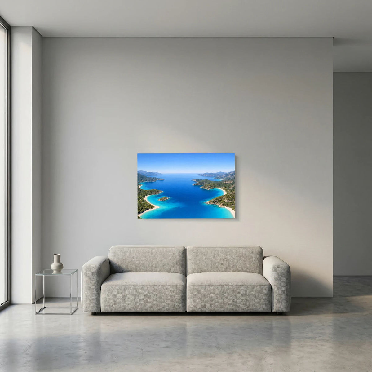 Querformat-Poster zur Wandmontage mit türkisblauem Wasser und geschwungener Küste