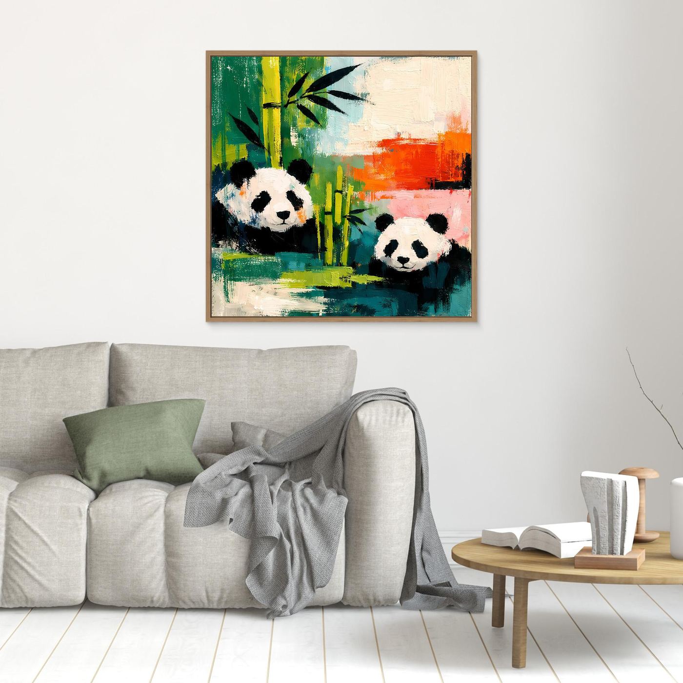 Panda and bamboo abstract canvas wall art in a small wood frame