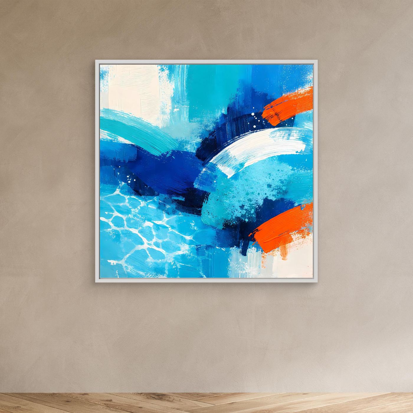 Small abstract sea wave canvas wall art in blue with orange accents, white frame