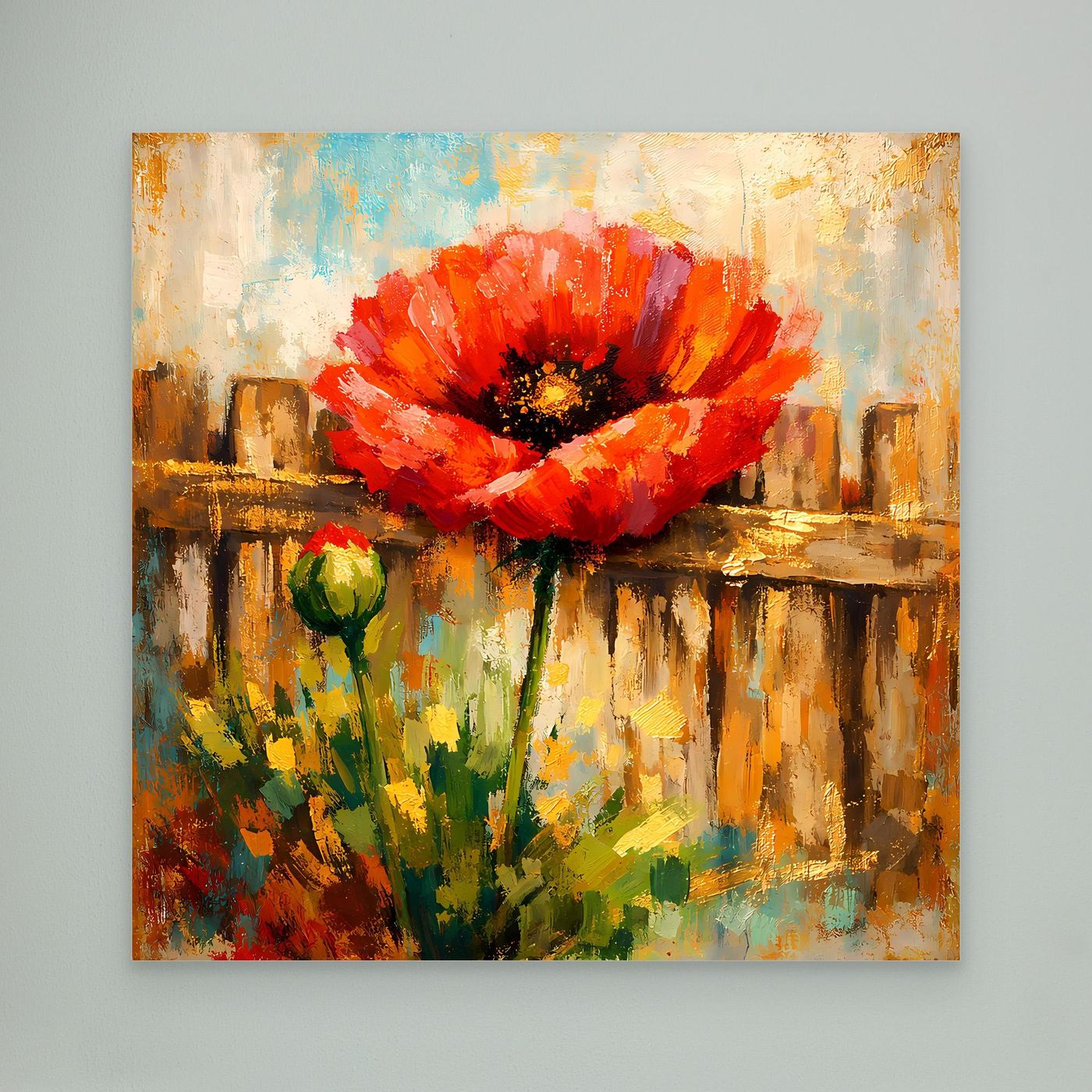 Leinwandbild mit abstrakter roter Mohnblume und grünem Stiel, ungerahmt