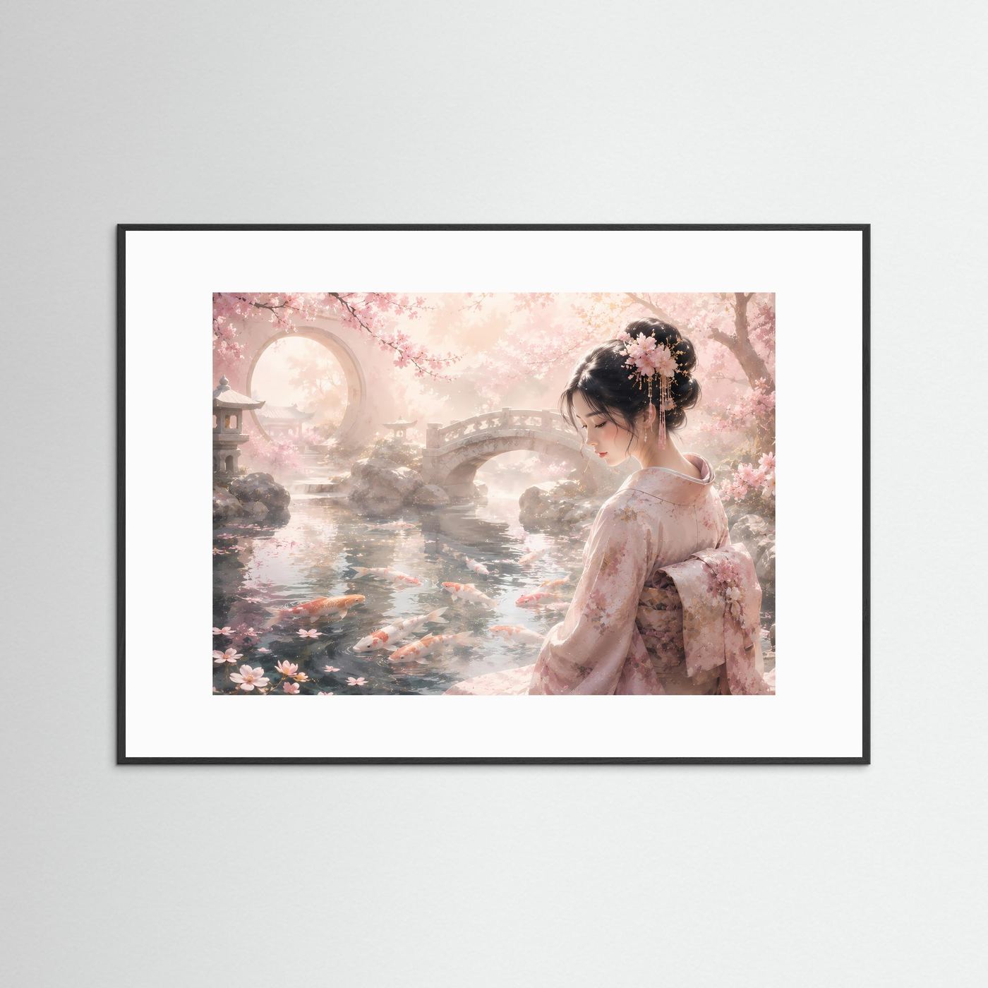 Japanisches Poster mit Geisha im Kimono am Koi-Teich und Kirschblüten, mit schwarzem Rahmen.
