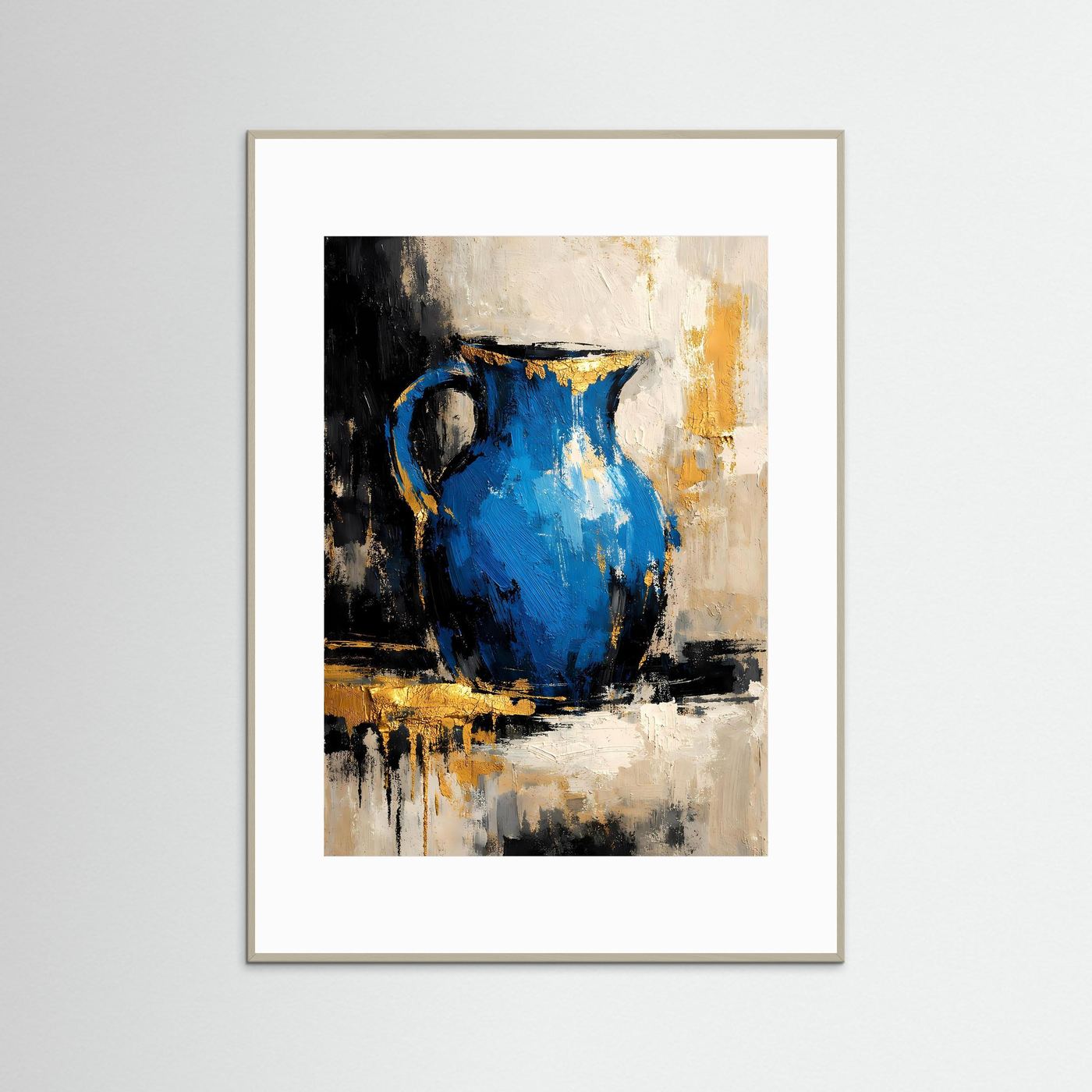 Hochformat Kunstposter mit abstraktem Krug: azurblau, goldene Akzente, grauer Rahmen