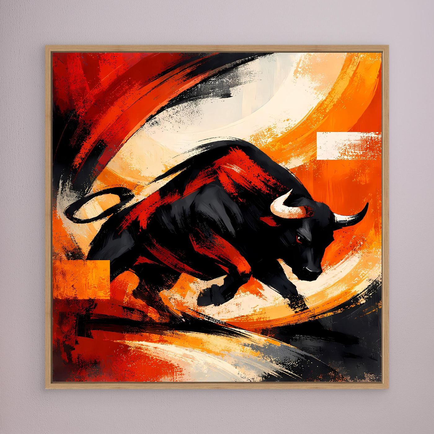 Leinwandbild mit schwarzem Stier in Rot-Orange-Abstrakt, mit hellem Holzrahmen