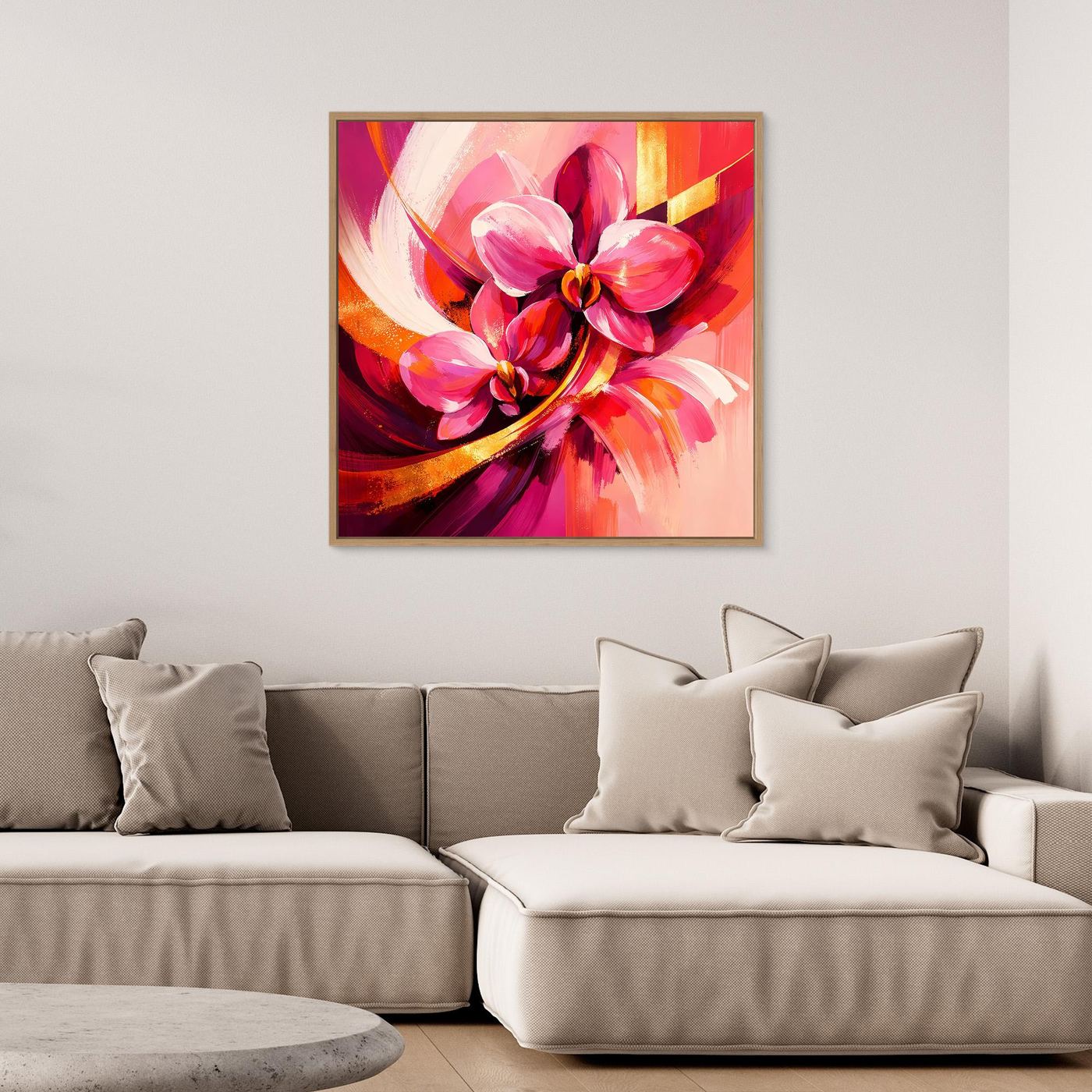 Gerahmtes quadratisches Leinwandbild mit abstrakter Orchidee in Pink und Rot