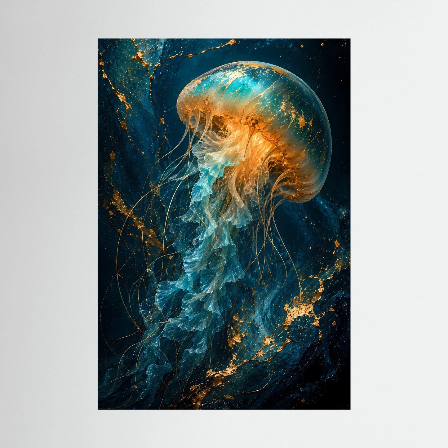 Hochformat-Poster mit leuchtender Qualle in Türkis und Gold, ohne Rahmen