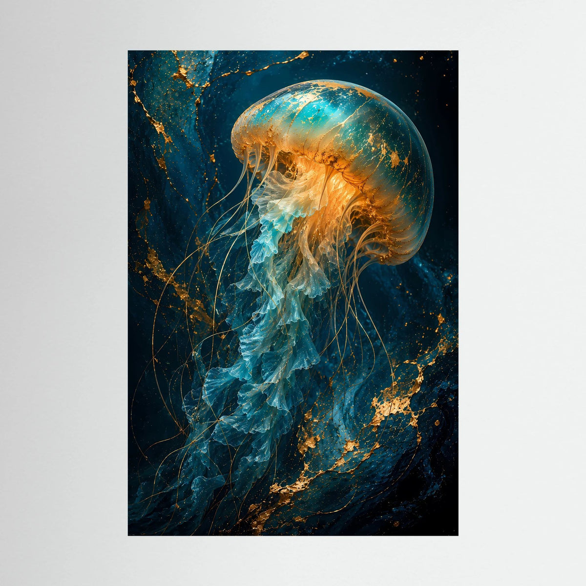 Hochformat-Poster mit leuchtender Qualle in Türkis und Gold, ohne Rahmen