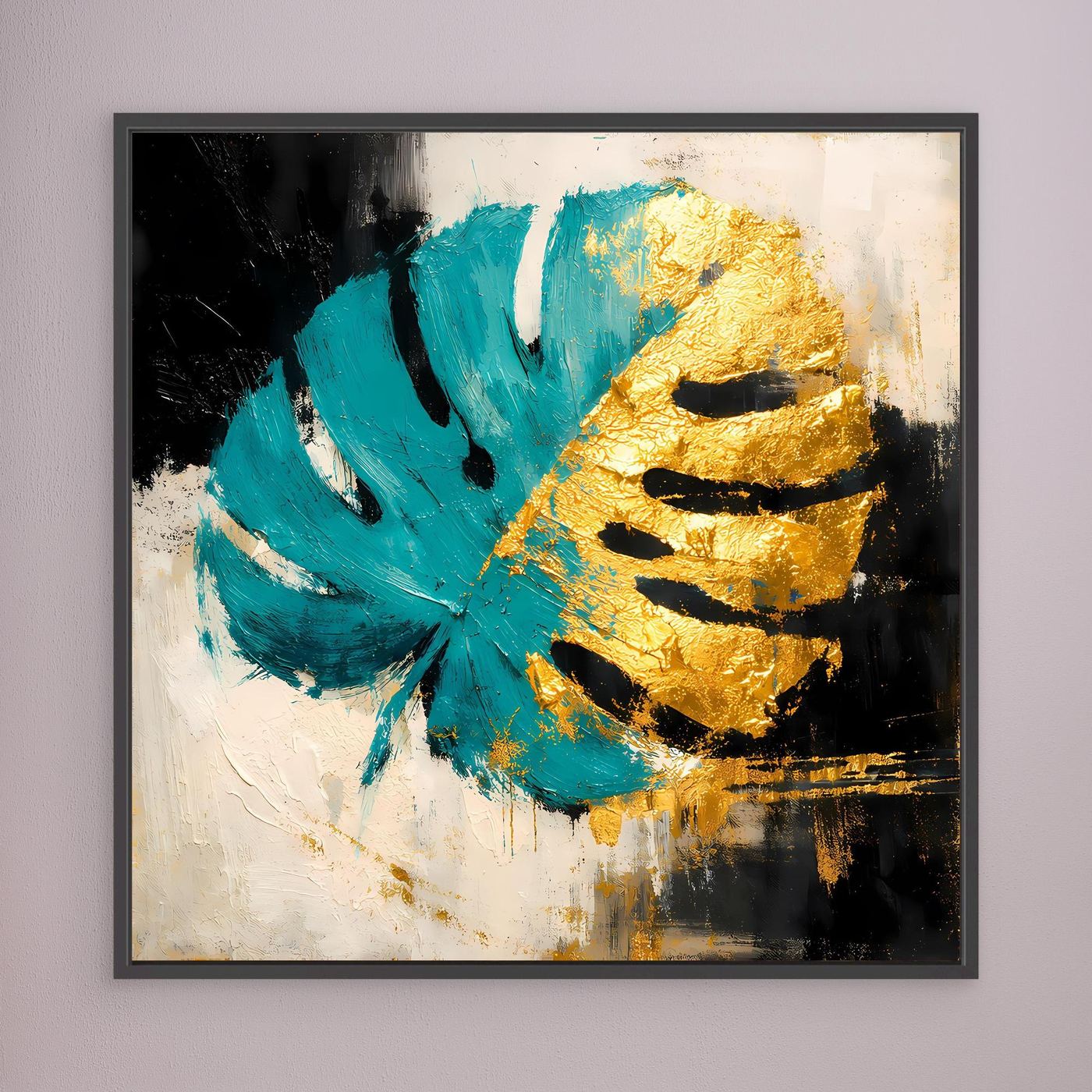 Leinwand Abstraktes Monstera Gemälde in Türkis und Gold | Modernes Botanik Wandbild