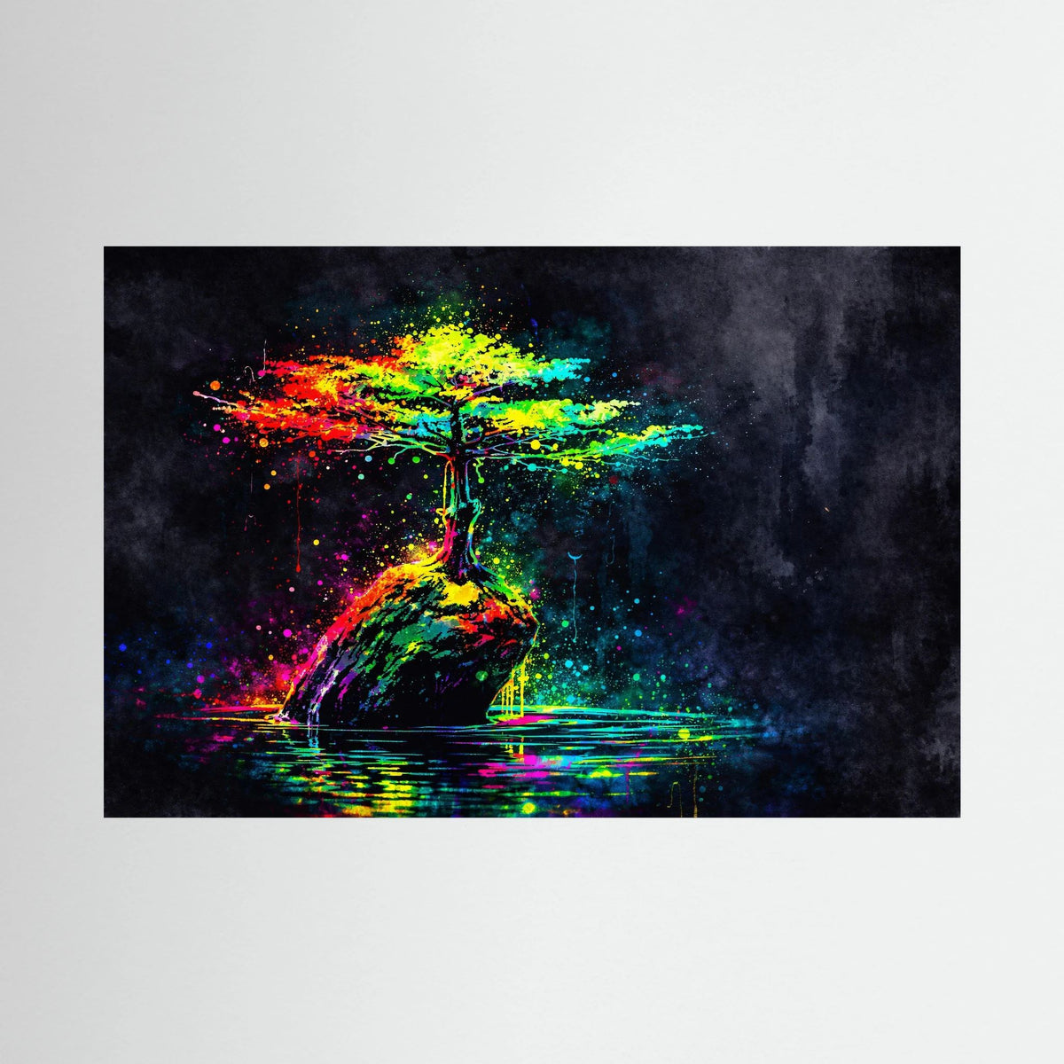 Abstraktes Lebensbaum-Wandbild im Querformat mit Neon-Farbverlauf und Spiegelung auf dunklem Grund