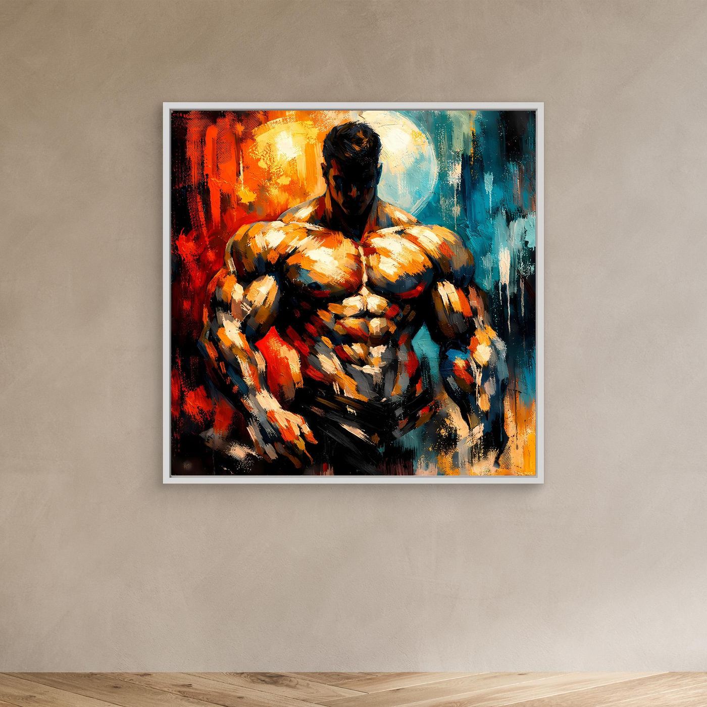 Leinwandbild mit abstraktem Bodybuilder, orange-blau, weiß gerahmt
