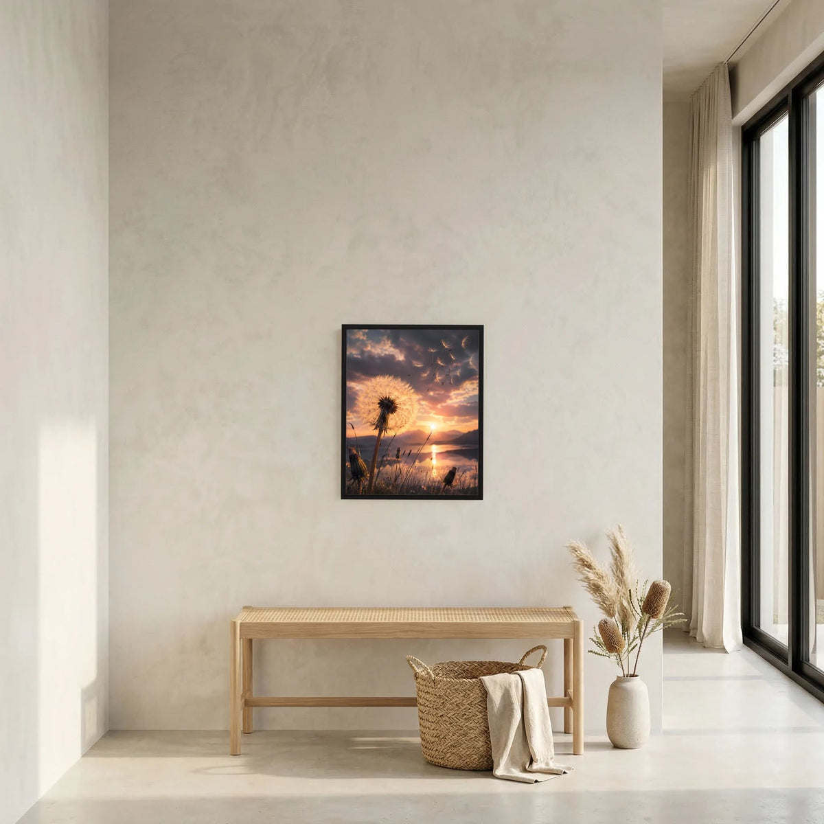 Hochformatposter mit Pusteblume und Sonnenuntergang, im schwarzen Rahmen
