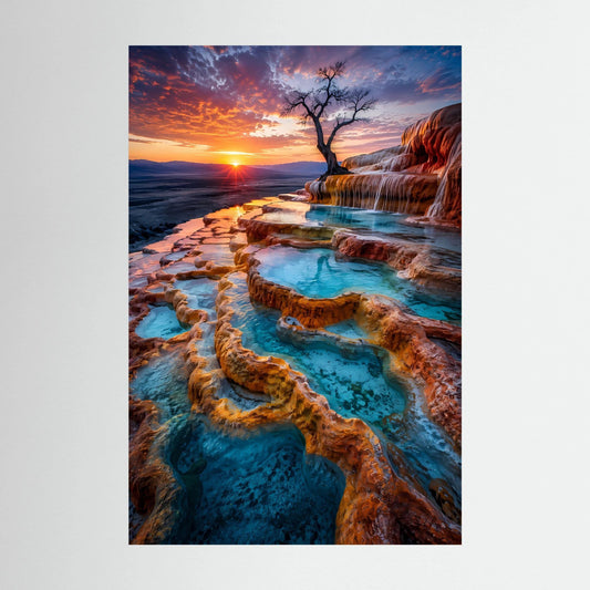 Poster mit türkisfarbenen Naturpools auf Felsenterrassen im Sonnenuntergang, Hochformat