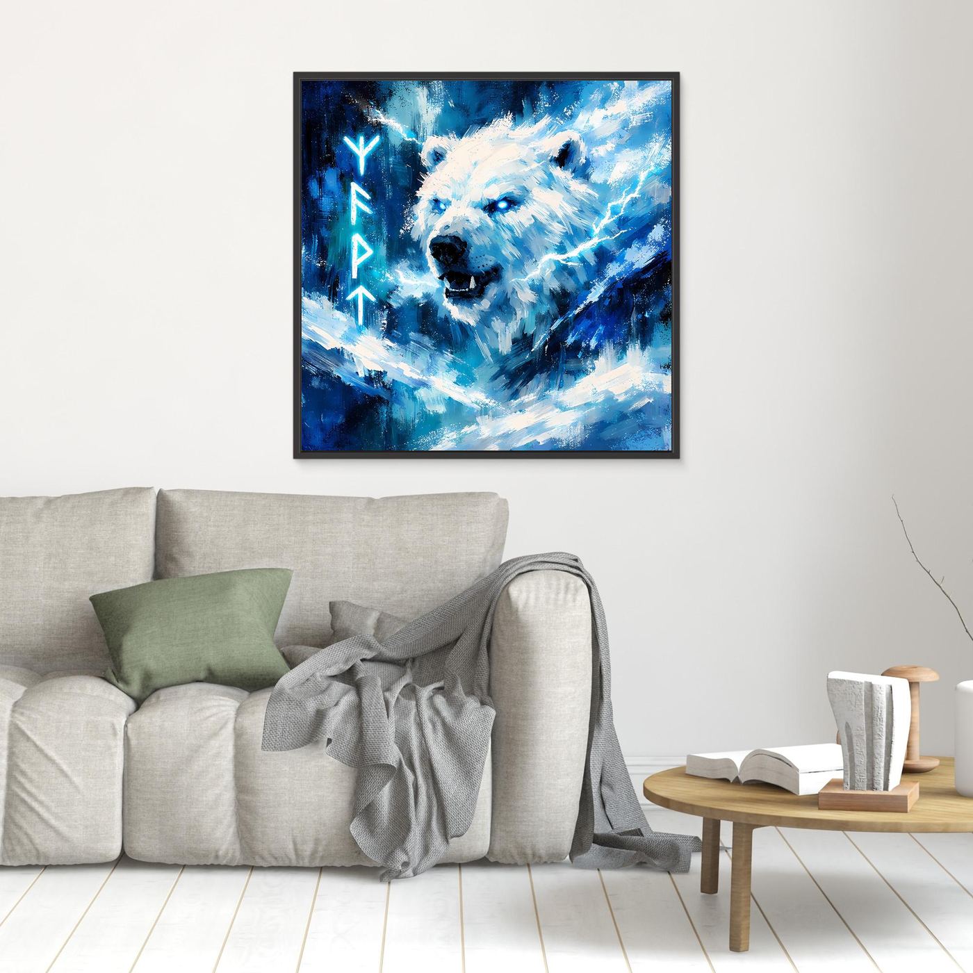 Leinwand-Wandbild im schwarzen Rahmen mit blauem Eisbär, Runen und abstrakten Lichtstrahlen