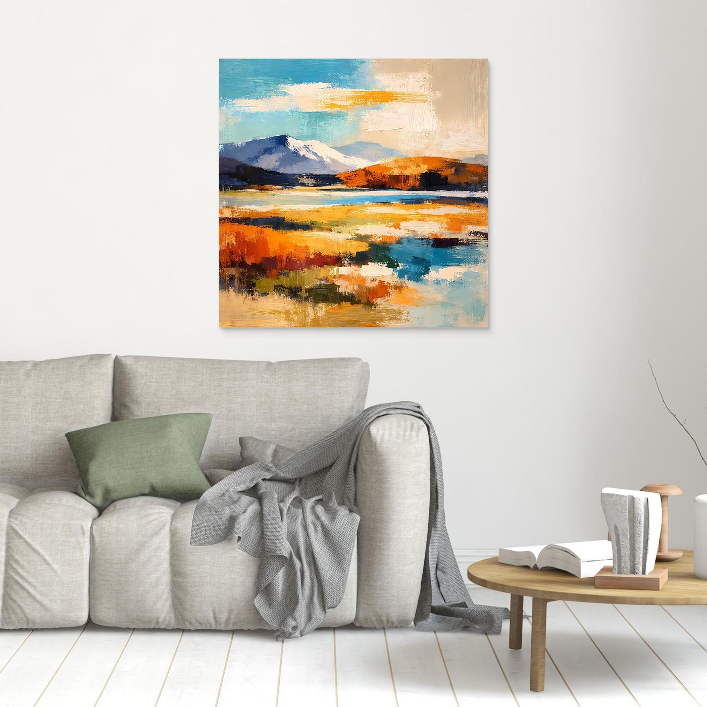 Abstraktes Leinwandbild mit Bergen und See in Blau/Orange, ohne Rahmen