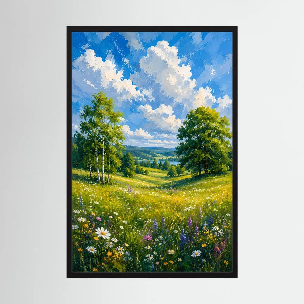 Kunstposter mit schwarzem Rahmen, Motiv: sommerliche Wiese mit Blumen und Bäumen.