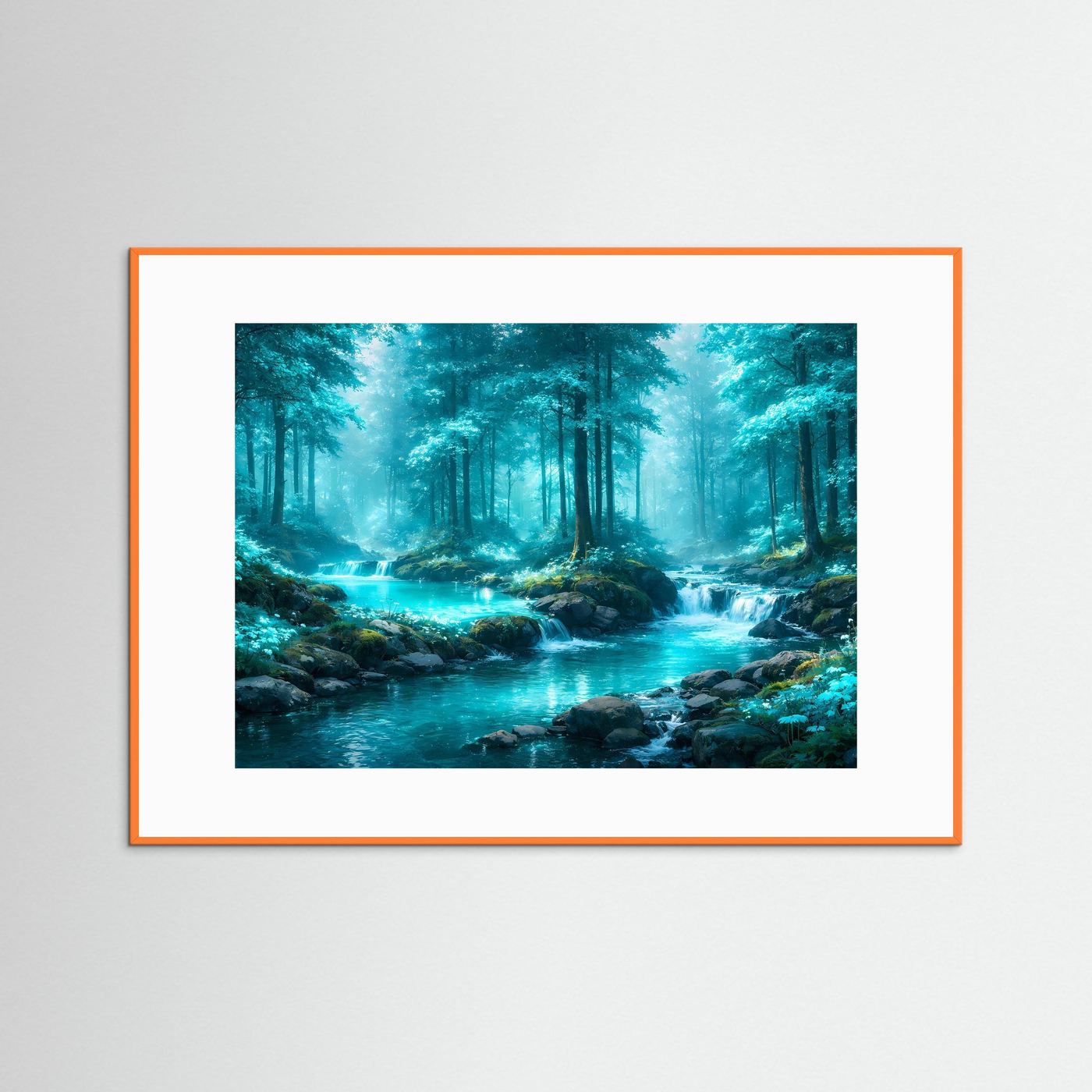 Wandbild mit hellem Holzrahmen, türkis-blauer Fluss in grünem Wald