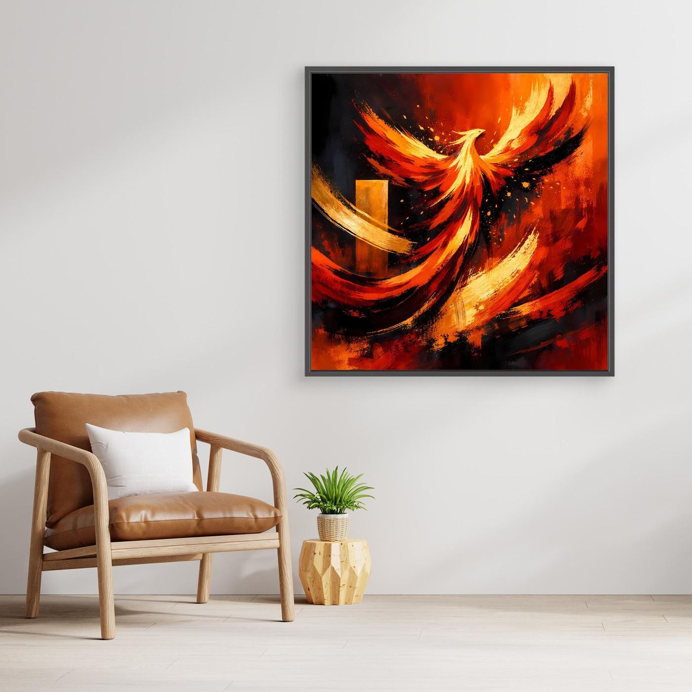 Leinwand-Wandbild Phönixmotiv mit Feuerflügeln, orangefarbener Rahmen