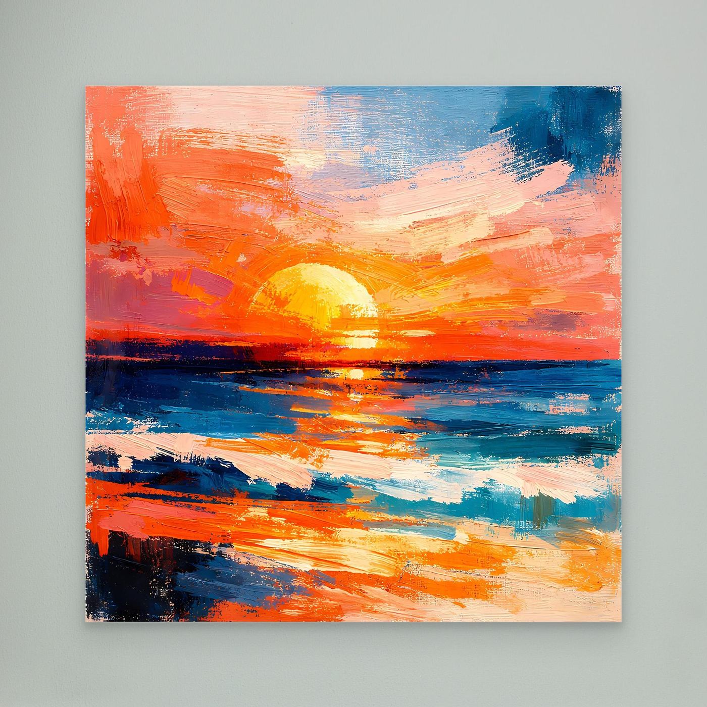 Abstract sunset sea canvas with rising yellow sun and blue-orange brushstrokes