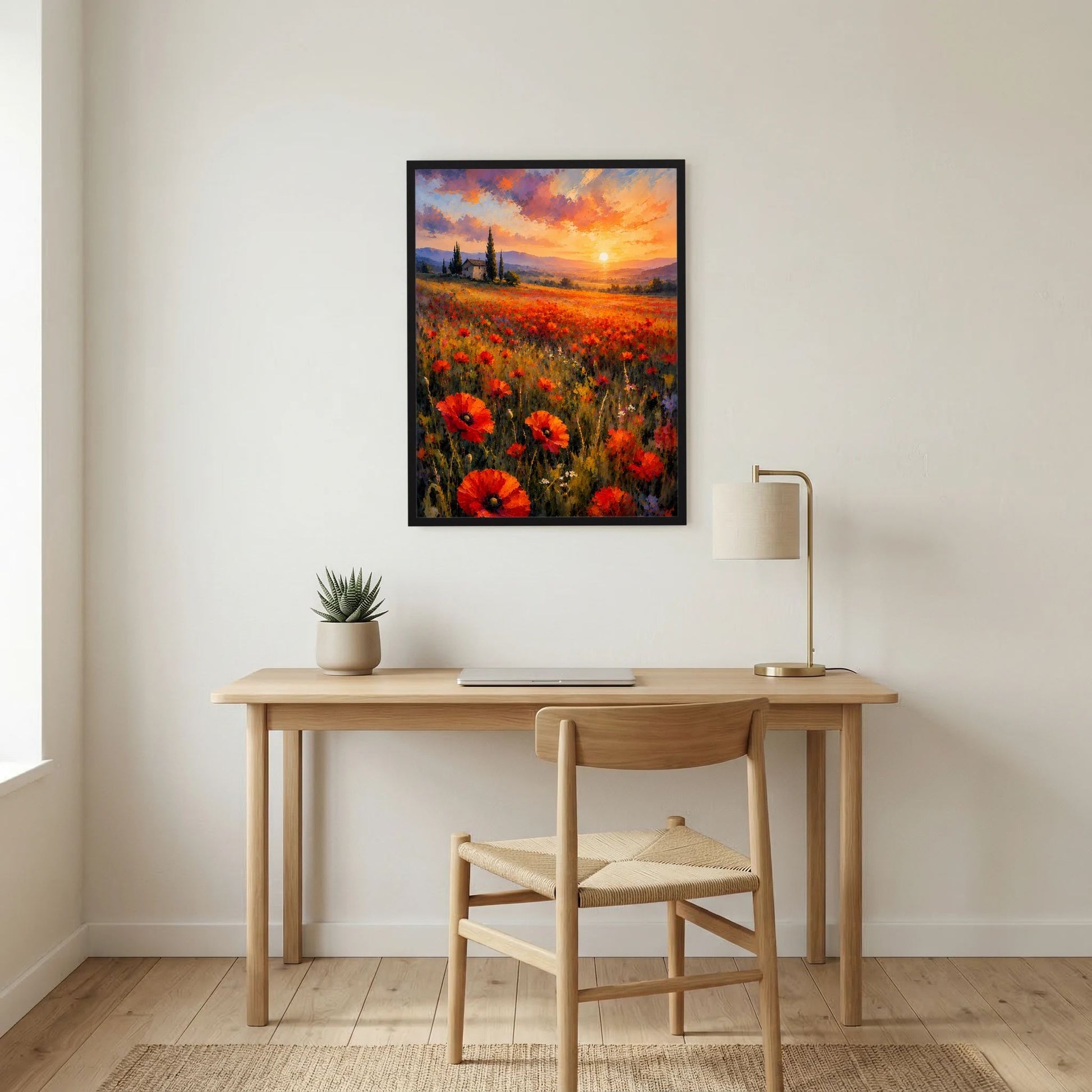 Hochformatiges Poster mit Mohnblumenfeld und Sonnenuntergang, Rot-Orange, schwarzer Rahmen