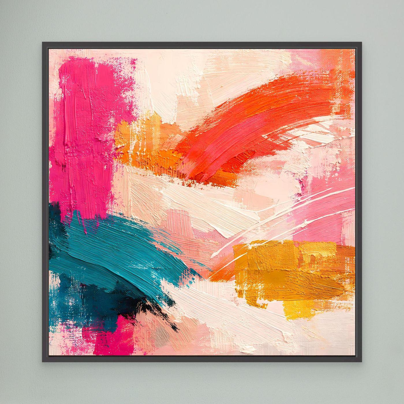Abstraktes Leinwand-Wandbild mit pastellfarbenen Pinselstrichen und schwarzem Rahmen