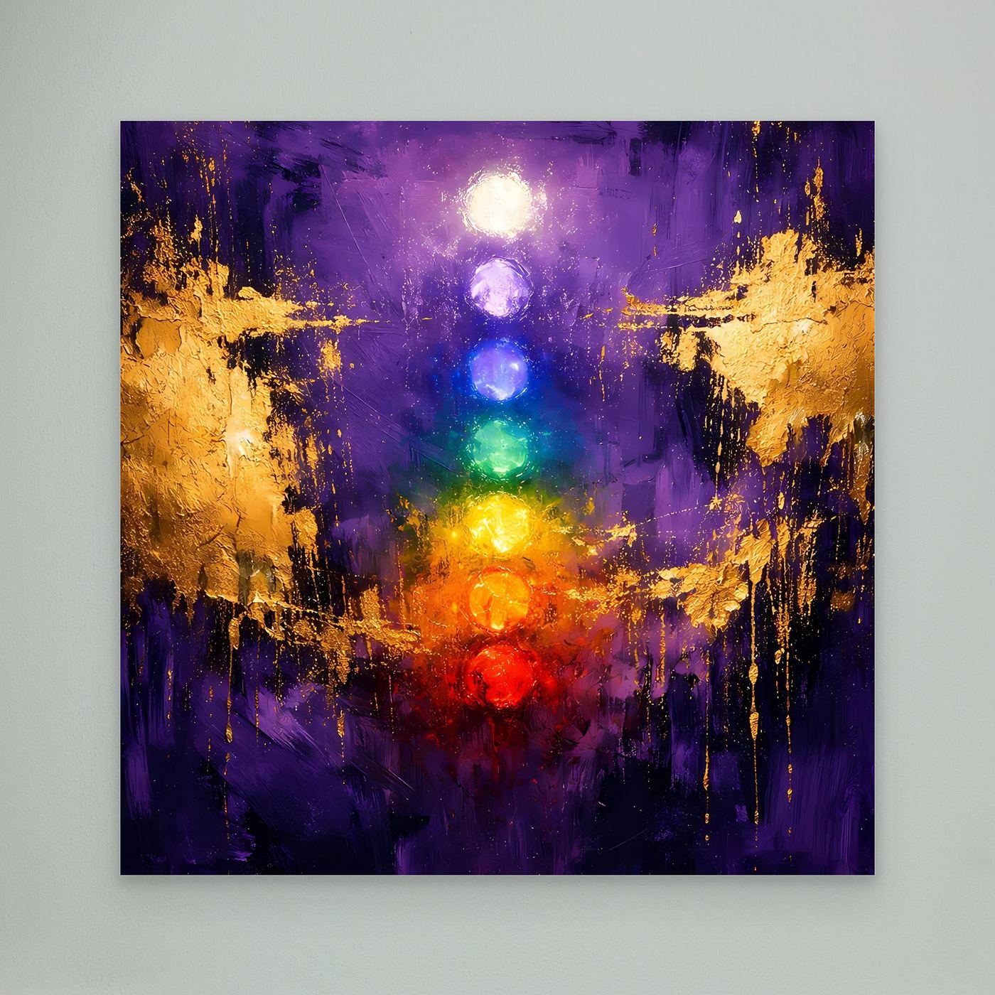 Leinwand Sieben Chakren auf tiefem Violett | Modernes Spirituelles Yoga Wandbild