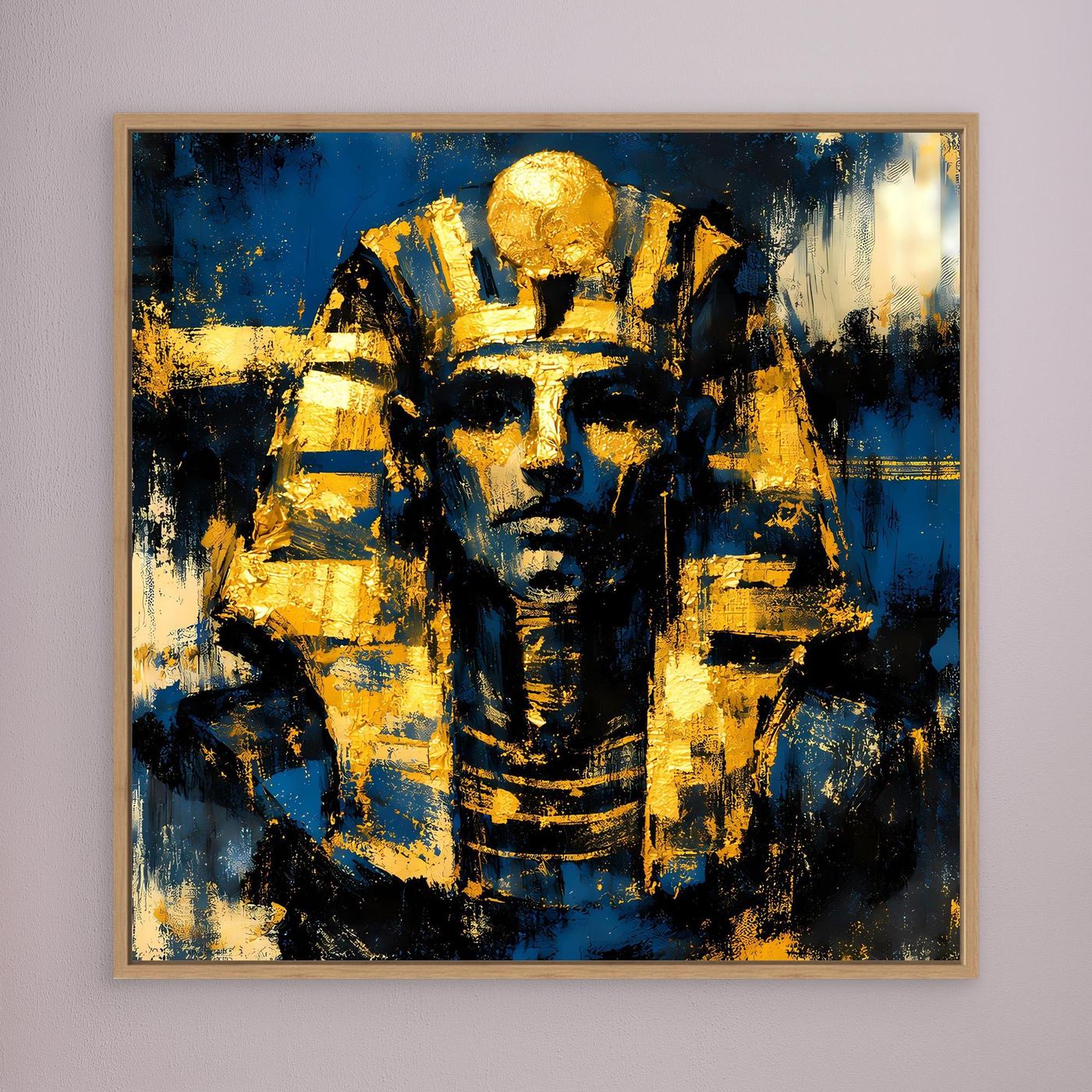 Ägyptisches Wandbild mit Pharao-Maske, goldene Akzente, Eichenrahmen