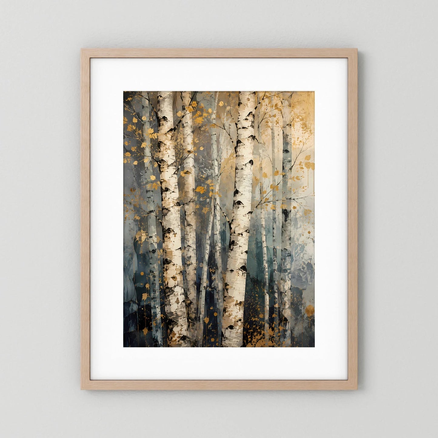 Hochformatiger Posterprint mit abstrakten Birkenstämmen in Beige, Grau und Blau, heller Holzrahmen