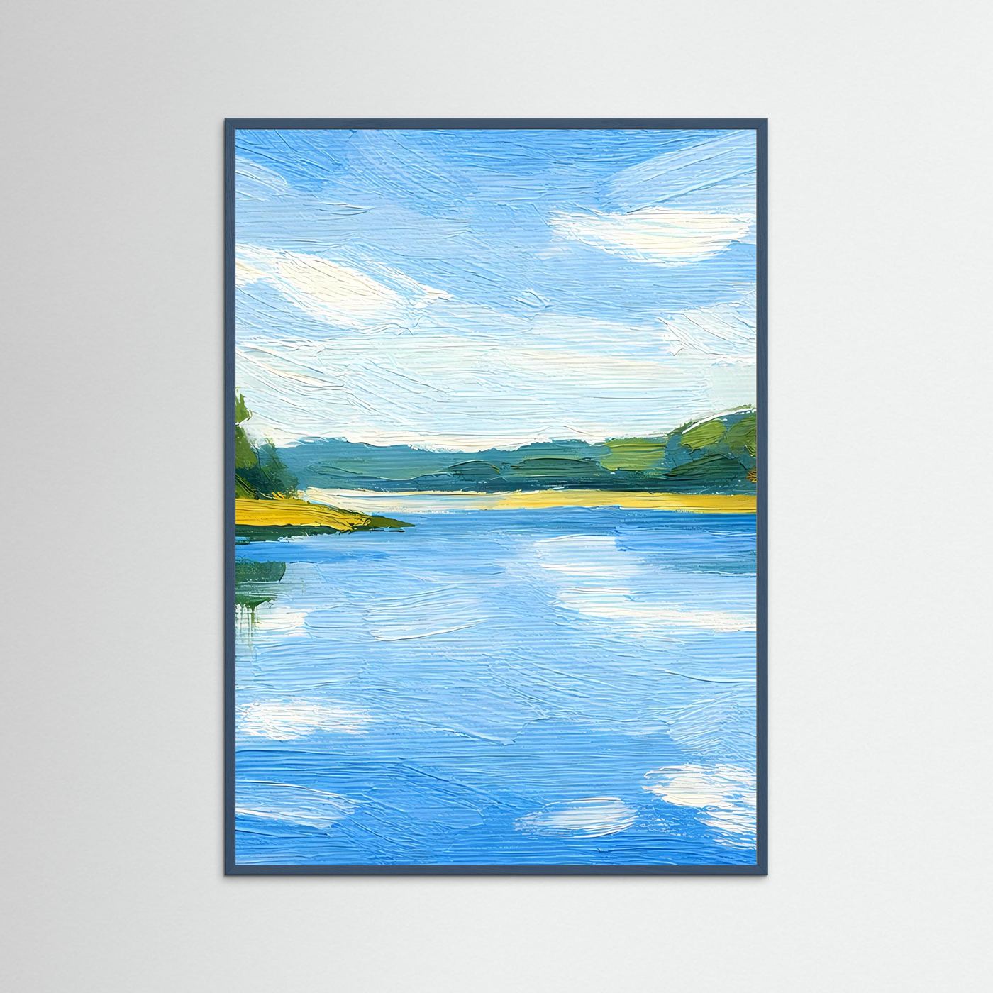 Wandbild mit Flusslandschaft im Sommer, blauer Rahmen, reflektierendes Wasser