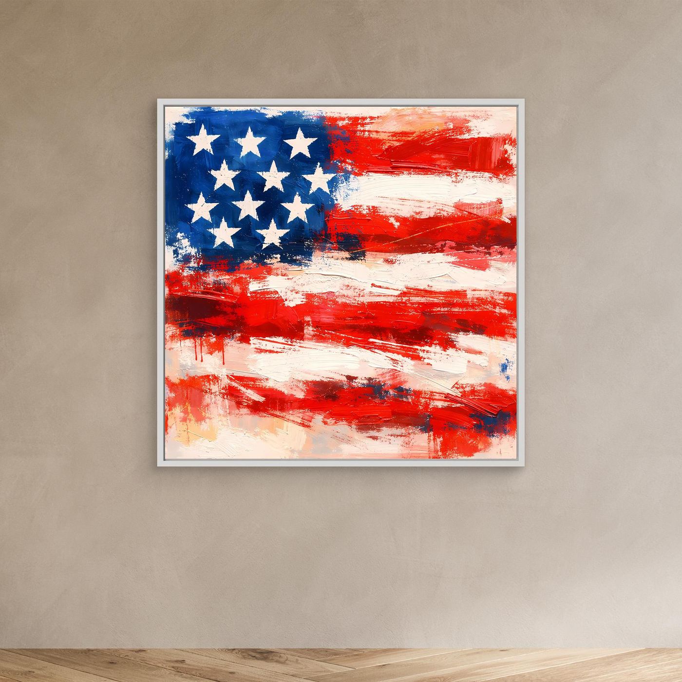 Abstract USA flag canvas wall art, blue stars and red/white brush stripes, white frame