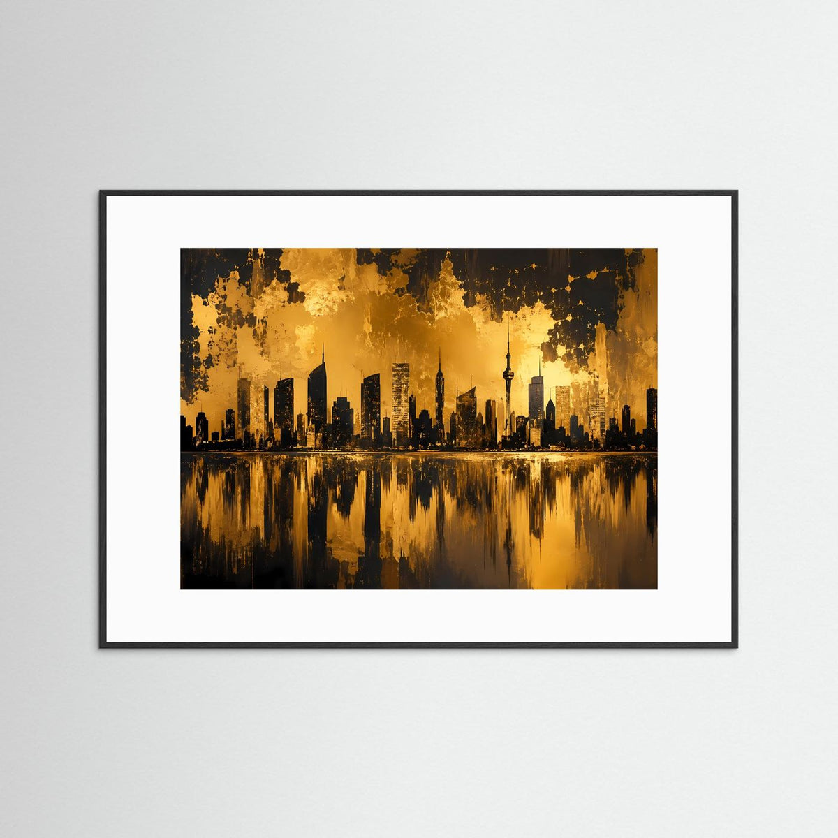 Querformat-Poster mit Skyline in Schwarz und Gold, schwarzer Rahmen und weißes Passepartout