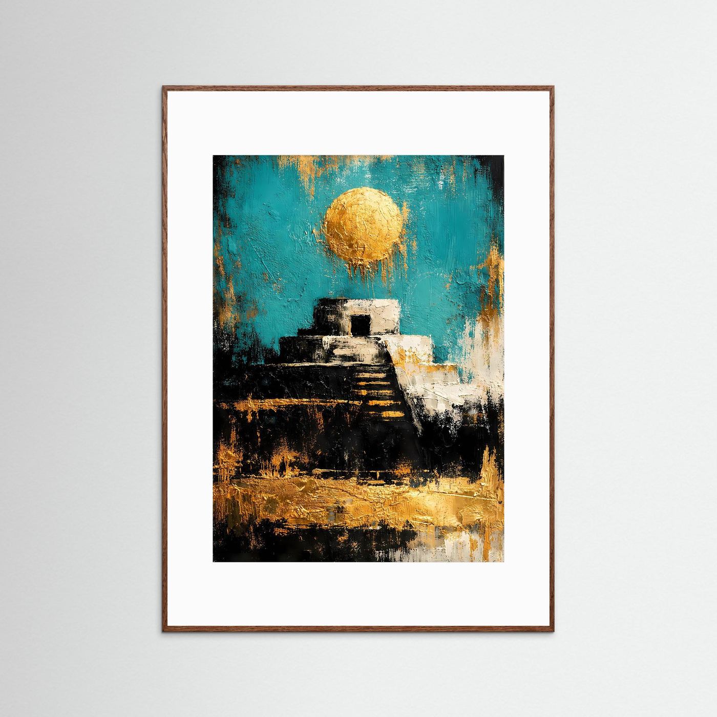 Gerahmtes Kunstposter mit abstrakter Pyramide: türkis & golden, rosafarbener Holzrahmen
