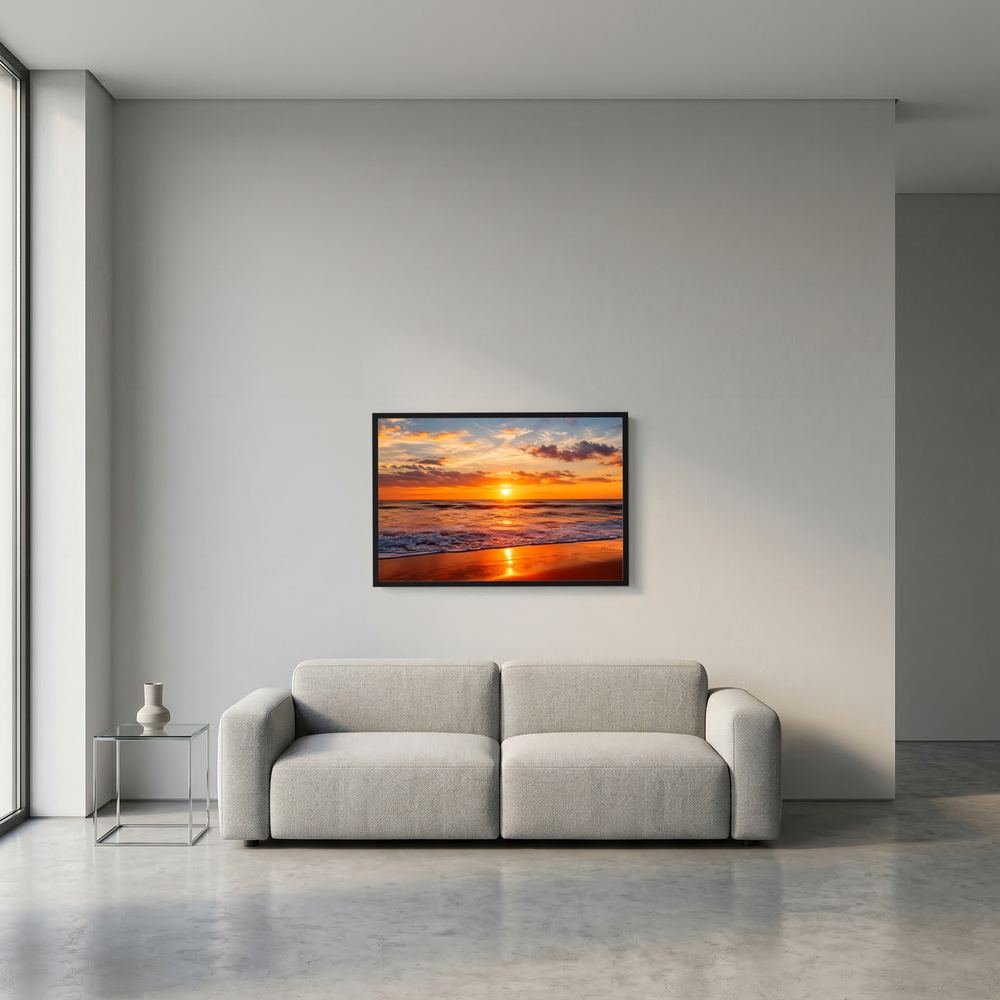 Kleines Poster: Sonnenuntergang am Meer mit orangefarbenen Wellen, schwarzer Rahmen