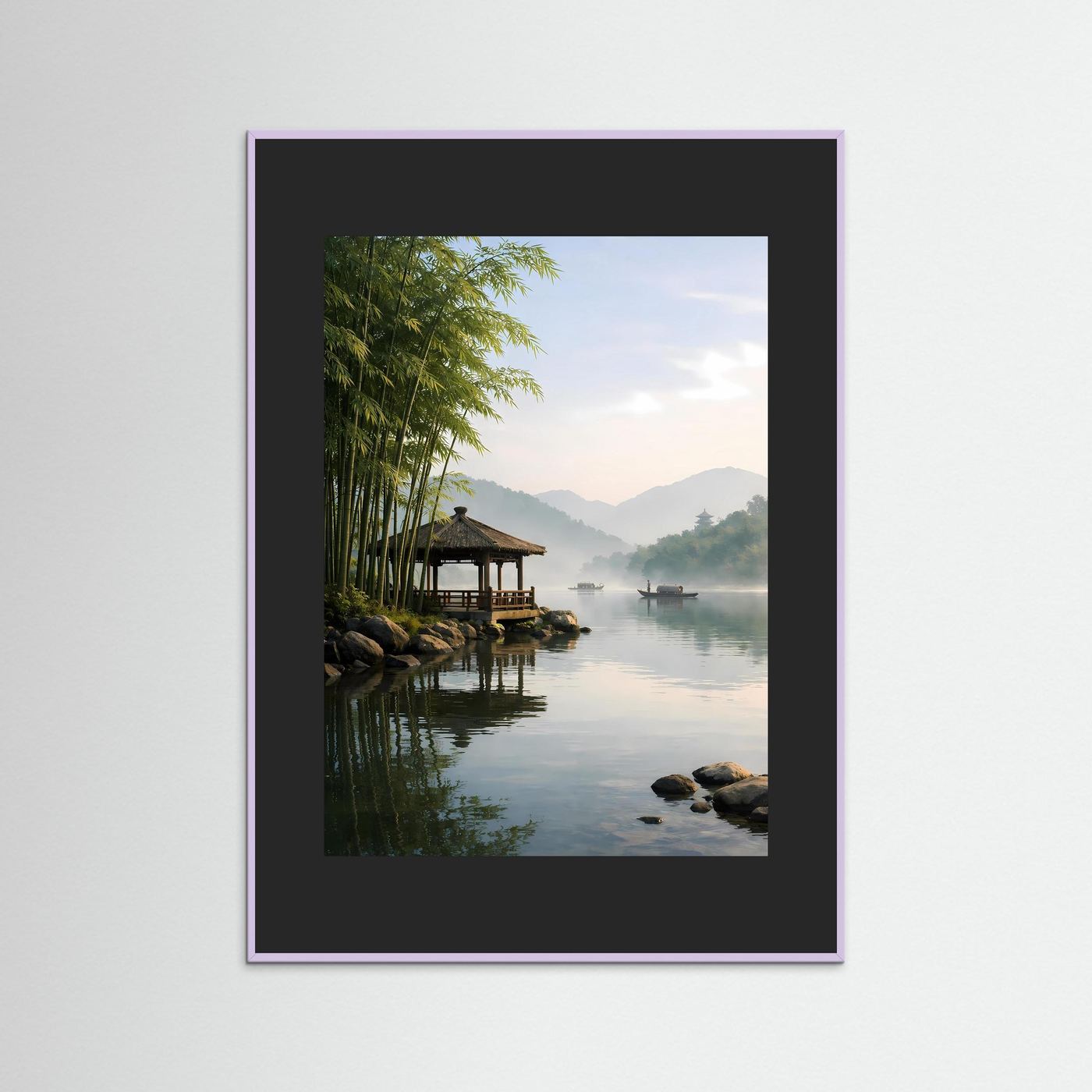Wandposter mit Steg-Pavillon am Fluss, Bambus am Ufer, im rosafarbenen Rahmen