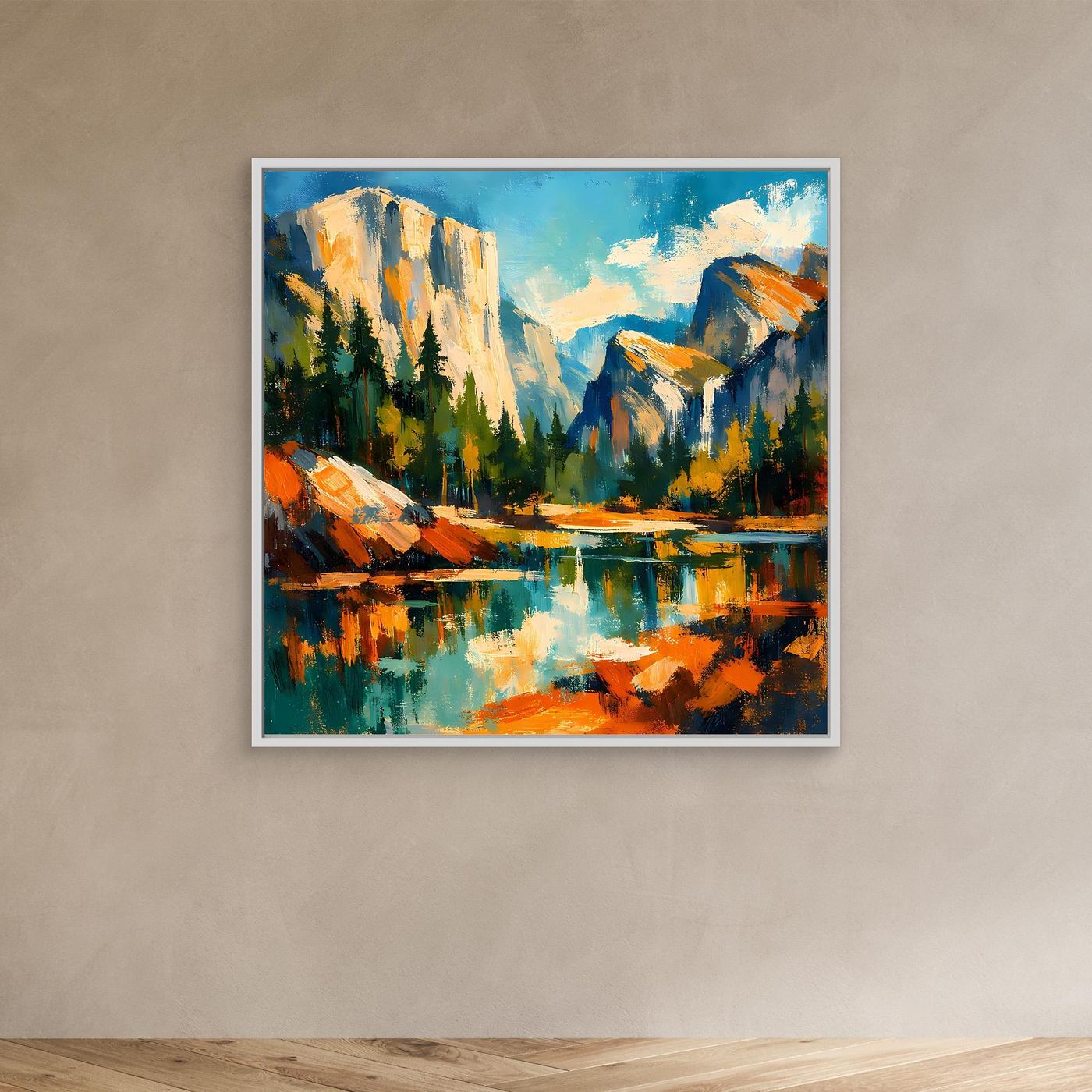 Leinwand-Wandbild mit Berglandschaft und See, weißer Rahmen