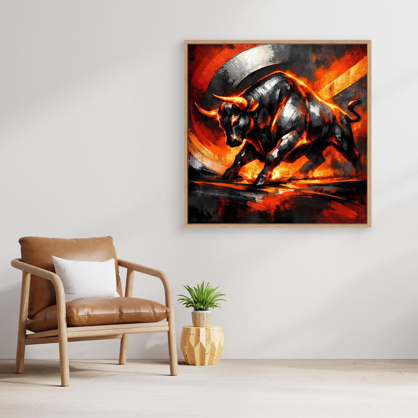 Abstraktes Leinwand-Wandbild: Stier in Flammen, schwarz-grau/Orange, mit Eichenrahmen