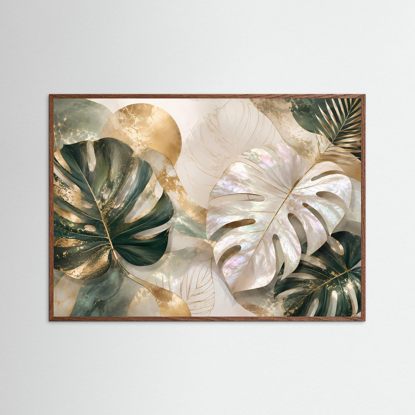 Poster im Querformat mit Monstera-Blättern in Creme, Gold und dunklem Grün, dunkler Eichenrahmen