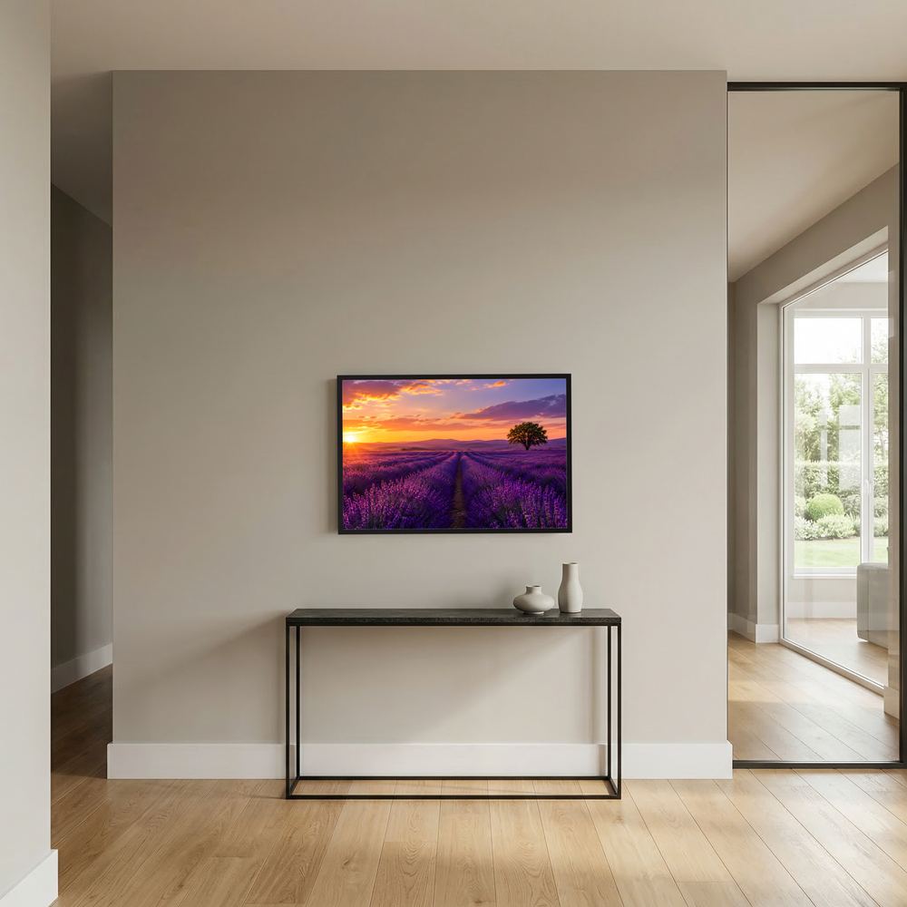 Wandbild Lavendelfeld bei Sonnenuntergang, schwarzer Rahmen, Querformat