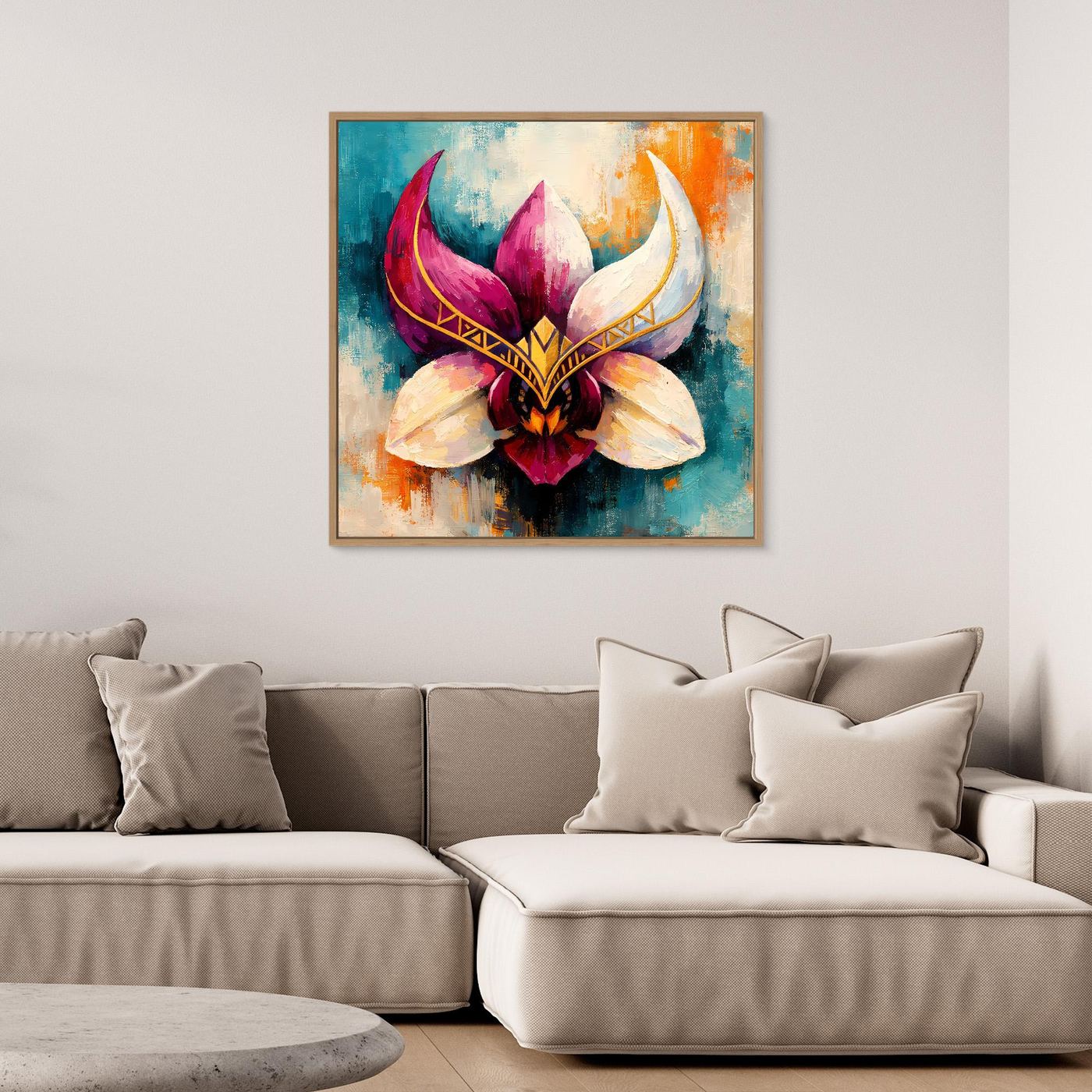 Premium Leinwand Mystische Orchideen-Maske in Gold | Abstraktes Florales Wandbild im Fantasy-Stil