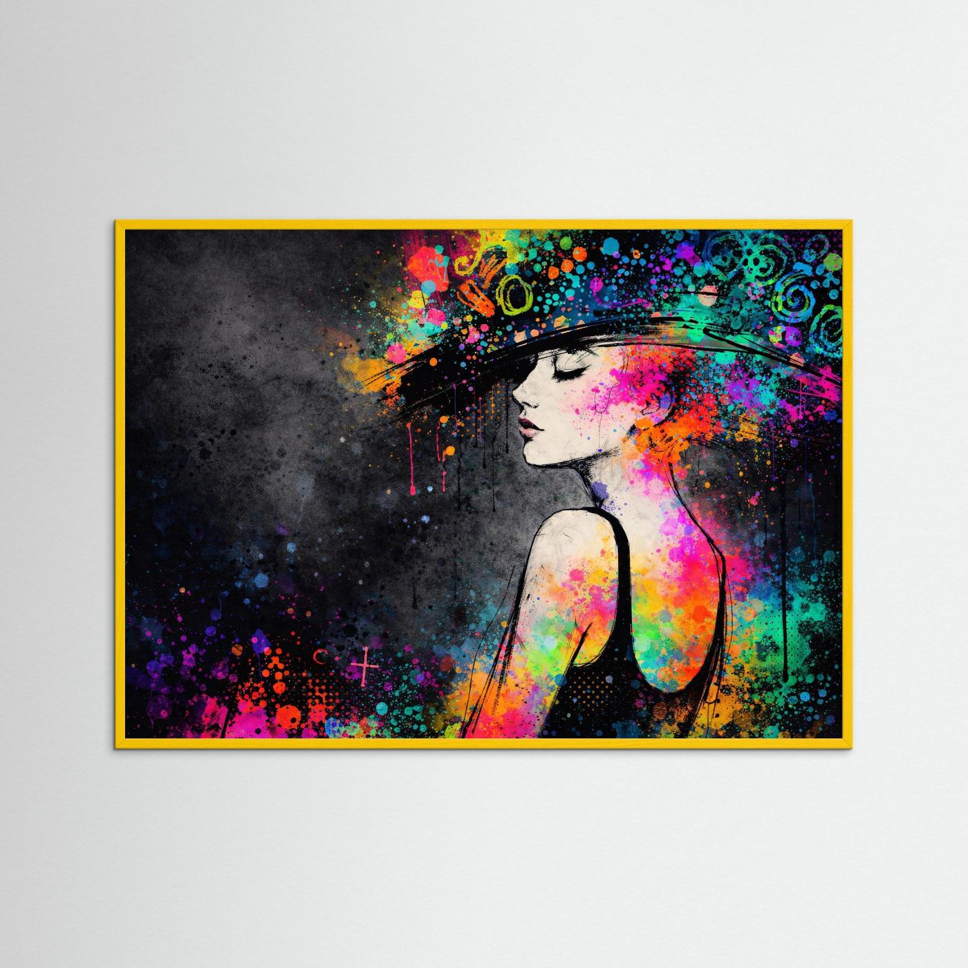 Gerahmtes Pop-Art-Wandbild mit Profilfrau im bunten Hut, goldener Rahmen